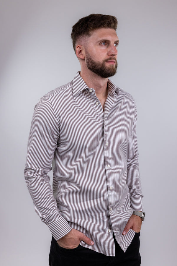 SuitSupply Brown & White Striped Button Up Shirt