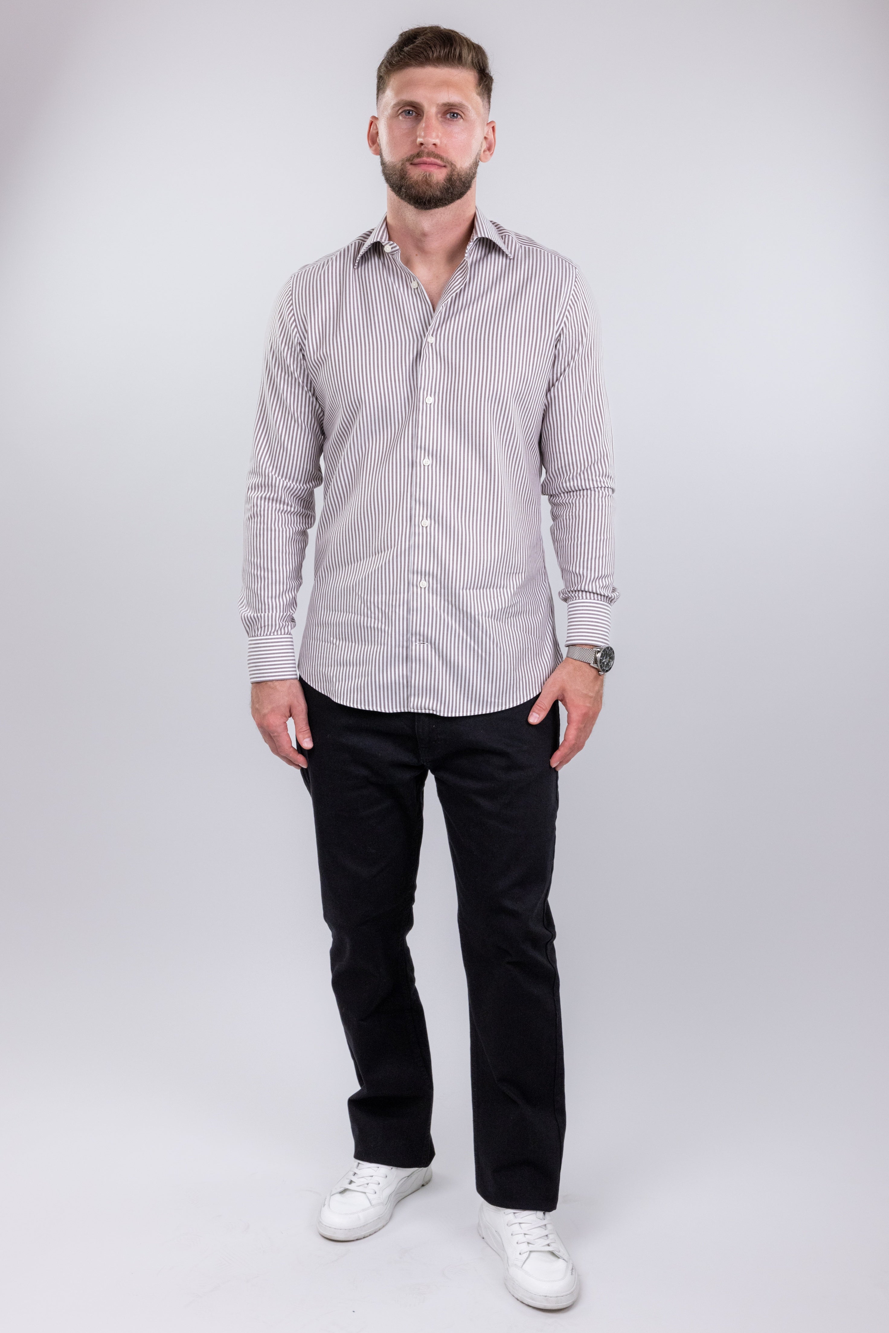 The RealReal,Suitsupply, Suitsupply Brown & White Striped Button Up Shirt, White, Medium-42-TagM