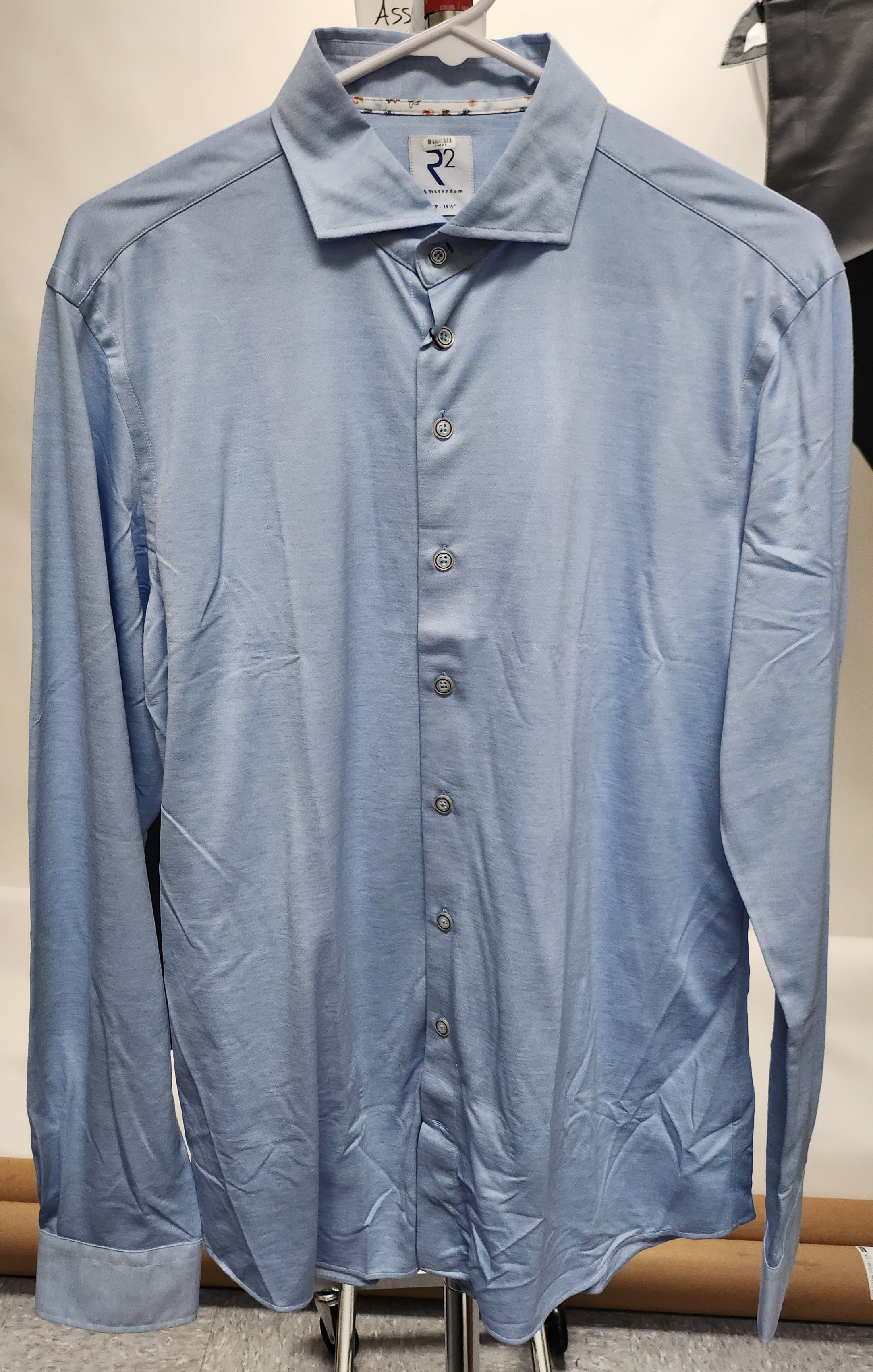 Brand Partner,R2 Amsterdam, R2 Amsterdam Light Blue 2 PLY Long Sleeve Button Up Shirt, Blue, Small-41-Tag39