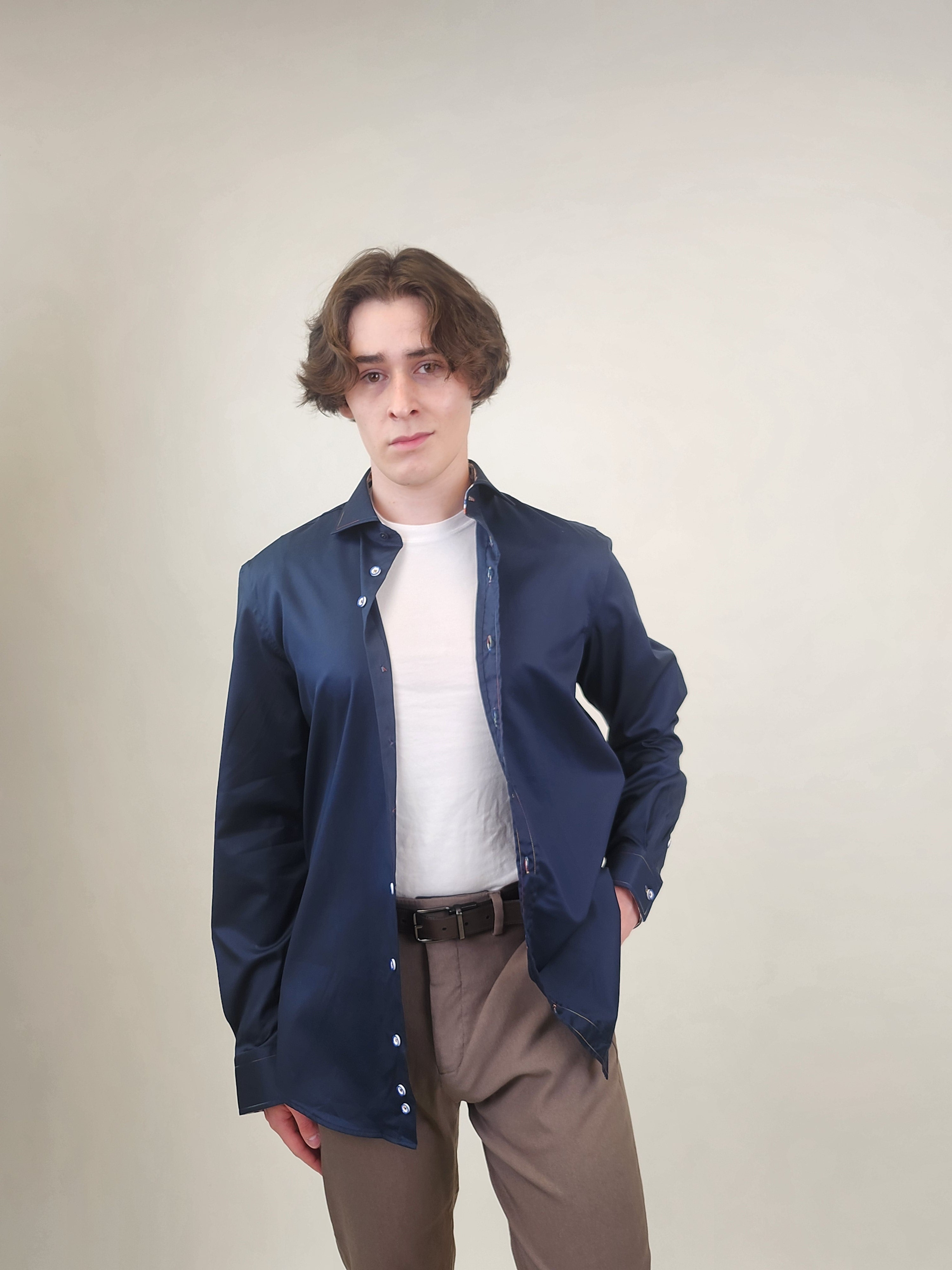 Brand Partner,R2 Amsterdam, R2 Amsterdam Navy 100% Organic Cotton Shirt with Paint Contrast, Blue, Medium-42-Tag40Medium-44-Tag41