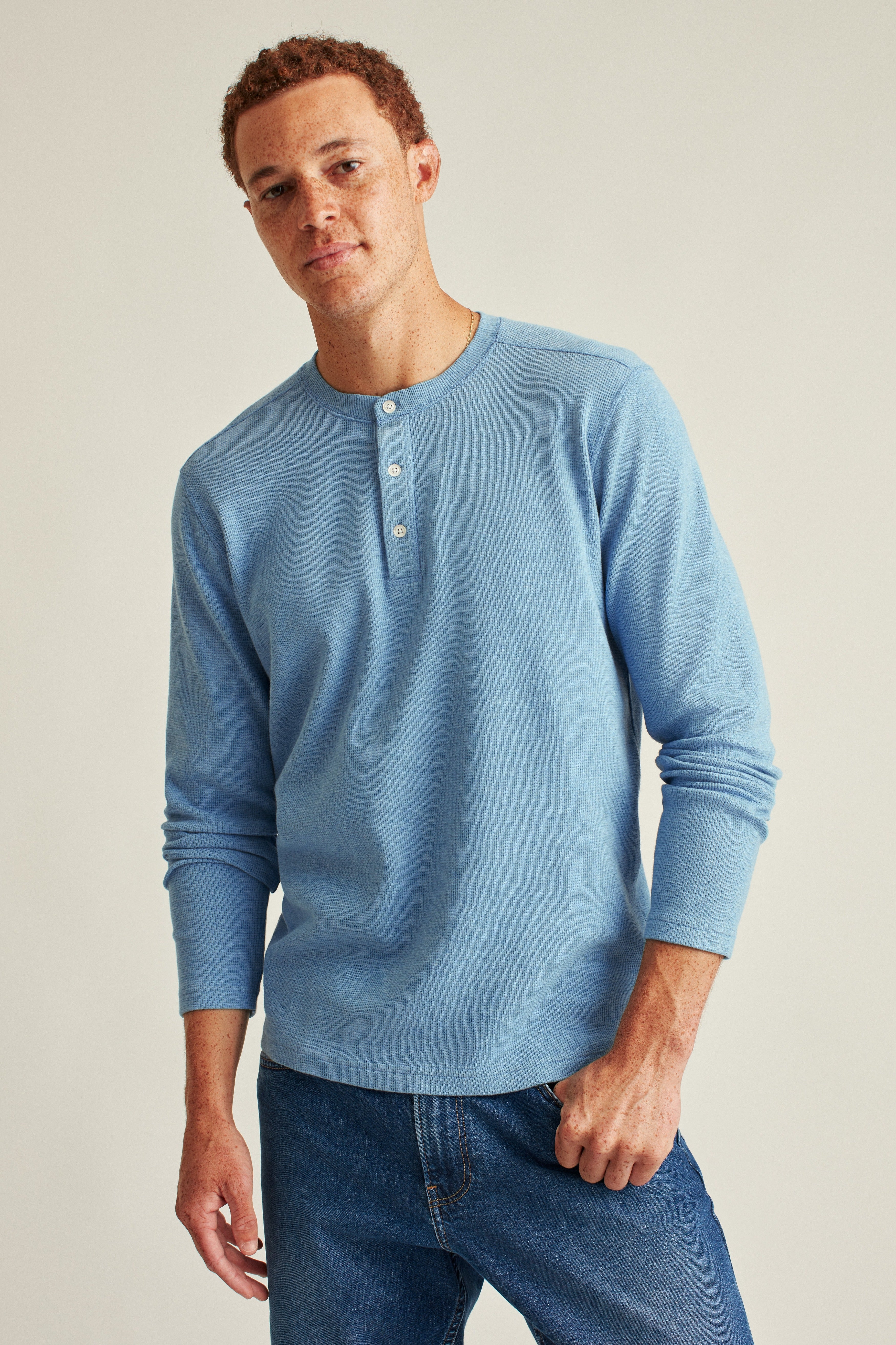 Wholesale,Bonobos, Bonobos Heather Cyan Textured Long Sleeve Henley, Blue, Large-45-TagL