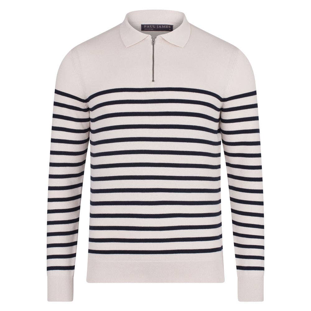 Faire,Paul James, Paul James Cream Breton Stripe Collared Zip Sweater Polo, Cream, Large-44-TagL
