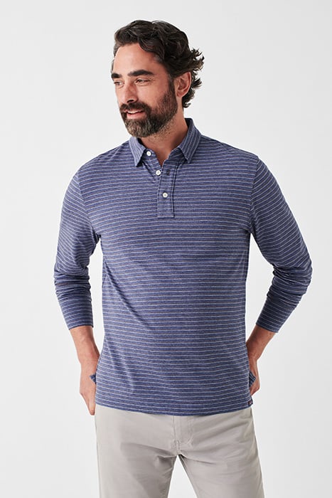 Otrium,Faherty, Faherty Navy Stripe Long Sleeve  Movement  Polo, Blue, Large-44-TagL