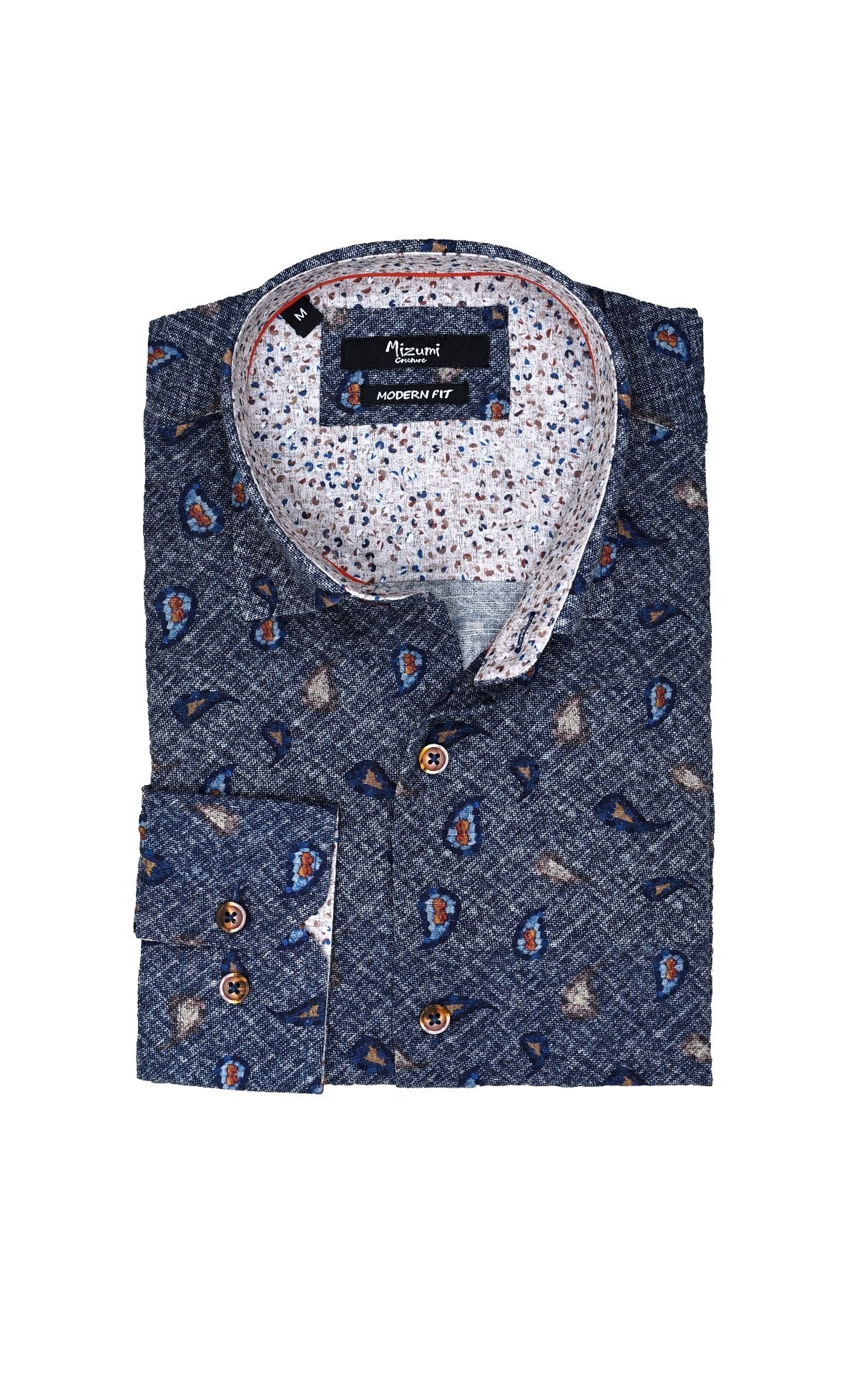 Wholesale,Mizumi, Mizumi Navy Abstract Print Long Sleeve Button Up Shirt, Blue, Medium-42-TagM