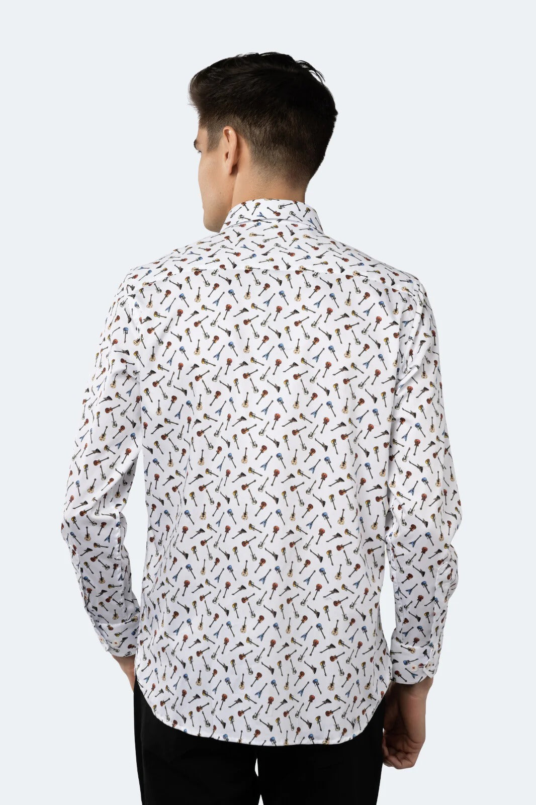 Wholesale,Luchiano Visconti, Luchiano Visconti White with Multicolor Guitar Print Long Sleeve Shirt, White, Small-41-TagS