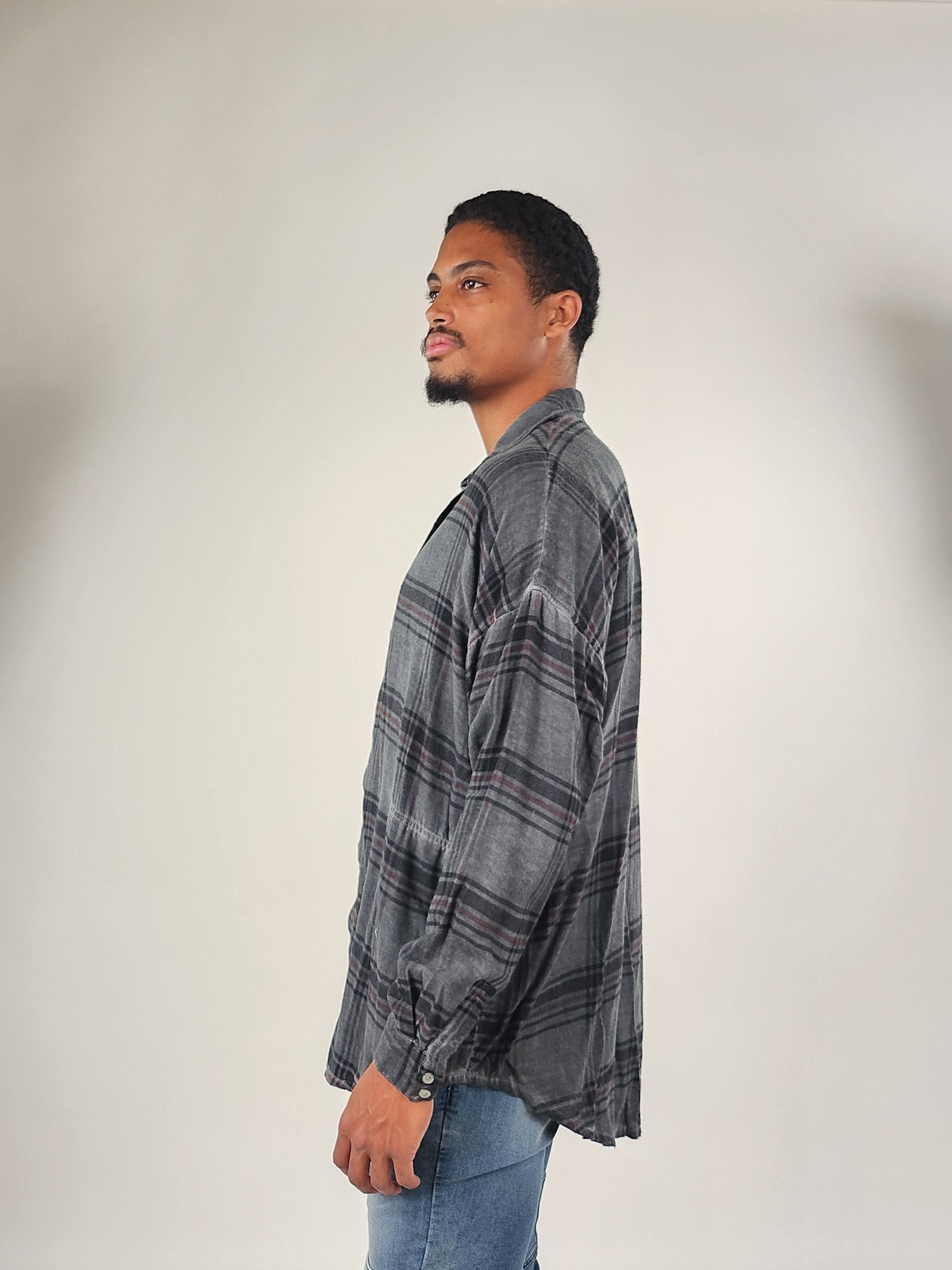 Wholesale,Reesedeluca, Reese De Luca Grey Plaid Long Sleeve Snap Button Up Shirt with Side Pockets, Grey, Medium-54-TagM