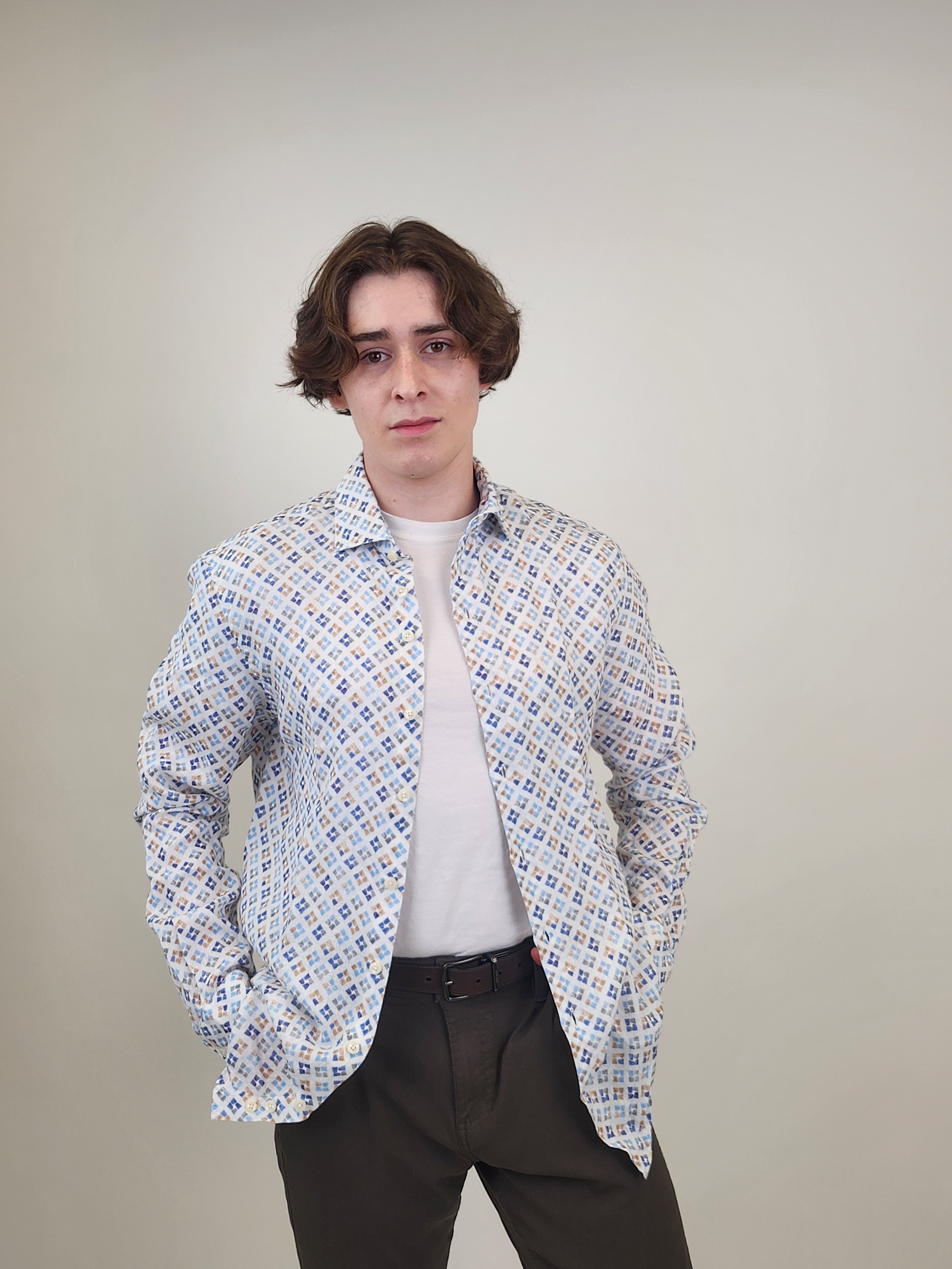 Brand Partner,R2 Amsterdam, R2 Amsterdam White Cup Print Linen Long Sleeve Shirt, White, Medium-44-TagMLarge-46-TagLExtra Large-50-TagXL