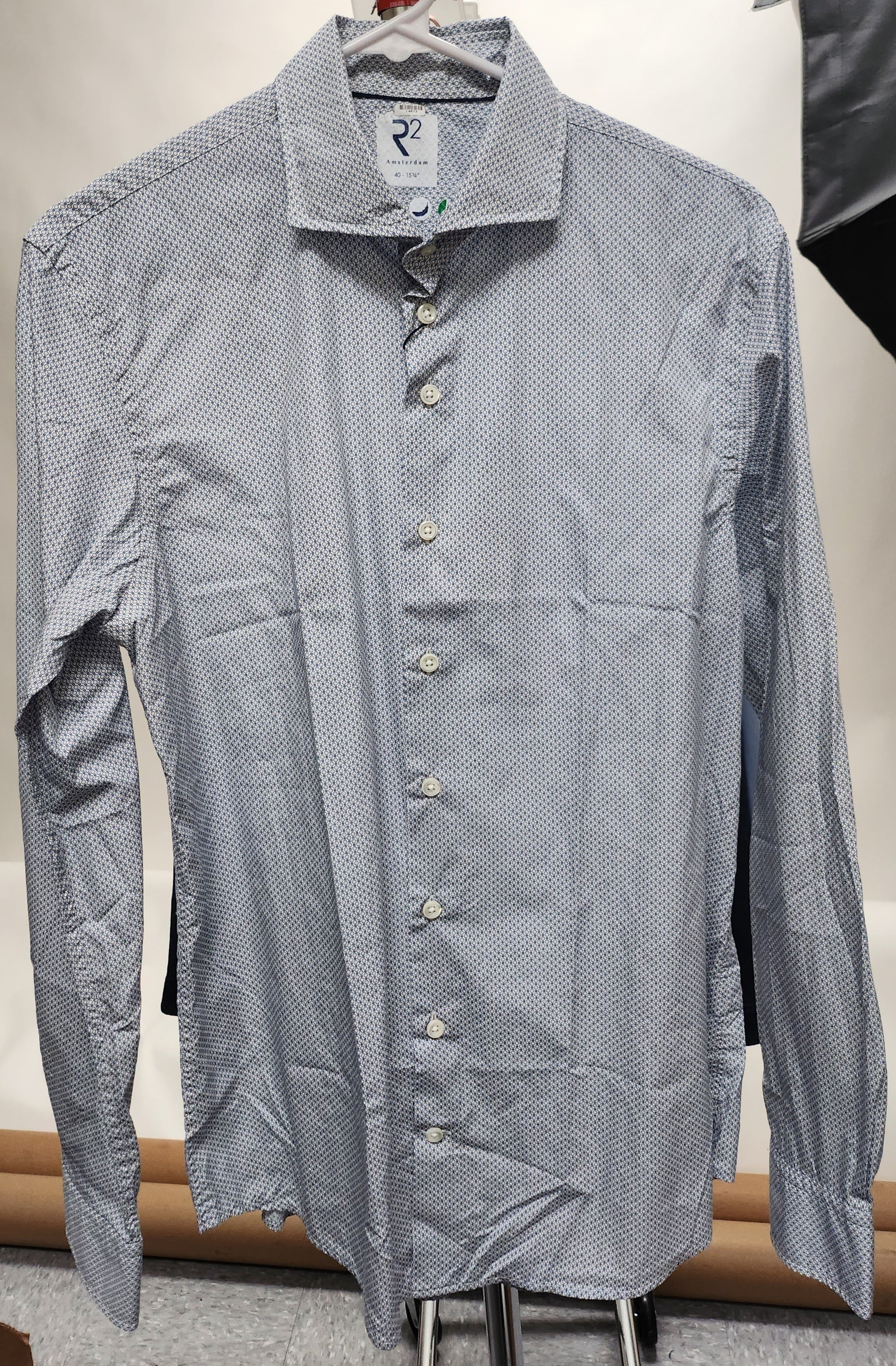 Brand Partner,R2 Amsterdam, R2 Amsterdam Navy Geo Print Long Sleeve Button Up Shirt, Blue, Medium-42-Tag40