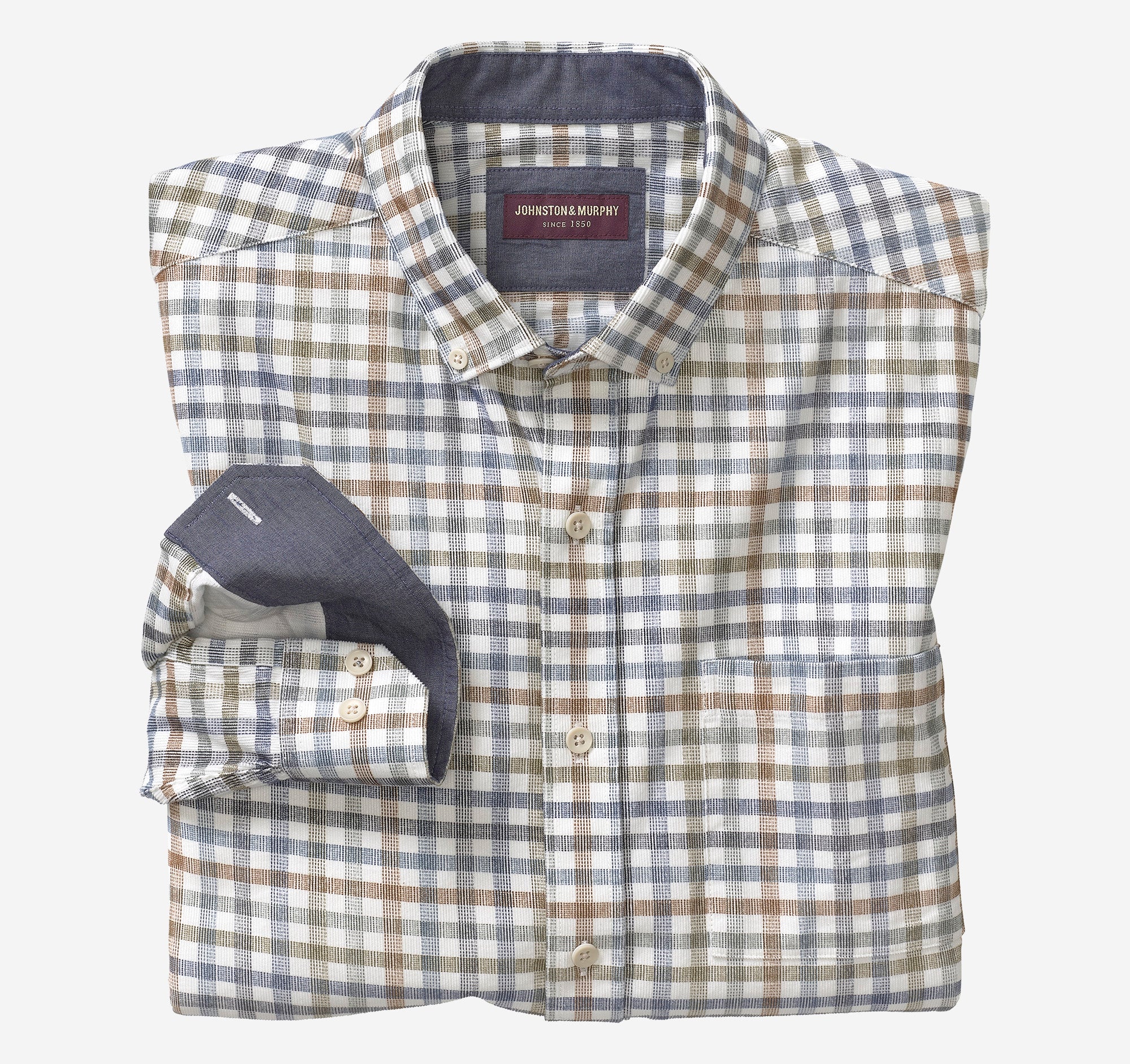 Wholesale,Johnston & Murphy, Johnston & Murphy Ivory Plaid Corduroy Long Sleeve Button Up Shirt, Cream, Large-45-TagM