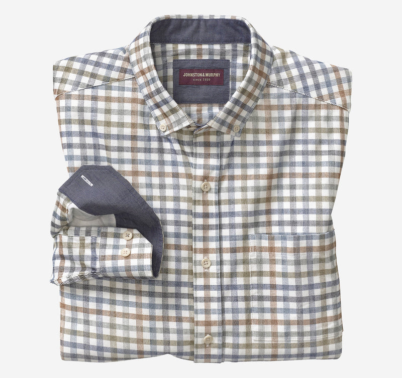 Johnston & Murphy Ivory Plaid Corduroy Long Sleeve Button Up Shirt