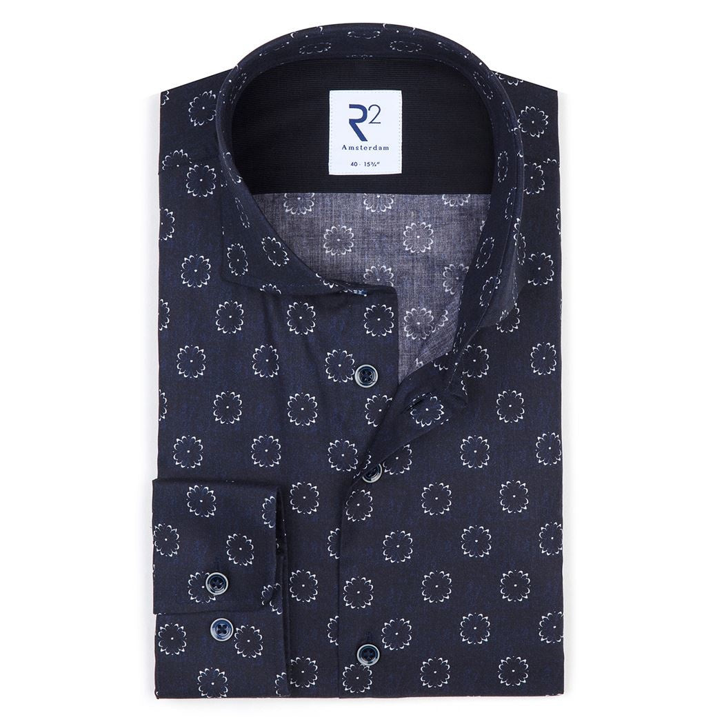 Taelor.Style, R2 Amsterdam Navy Floral Burst Print Button Up Shirt, Blue, Medium-44-TagM