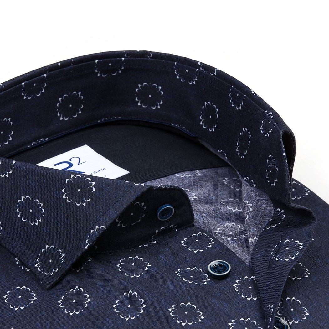 Taelor.Style, R2 Amsterdam Navy Floral Burst Print Button Up Shirt, Blue, Medium-44-TagM