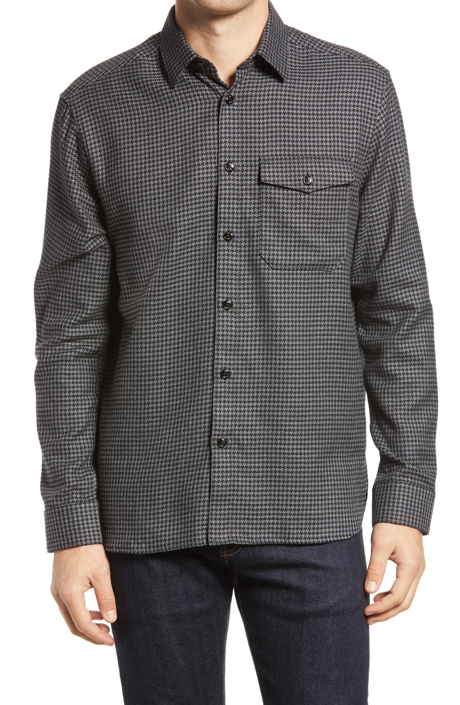 The RealReal,Ted Baker, Ted Baker Black Houndstooth One Pocket Button Up Shirt, Black, Medium-42-Tag3
