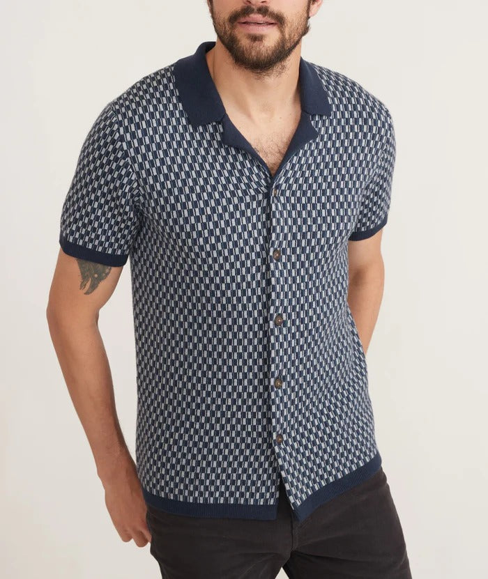 Wholesale,Marine Layer, Marine Layer Blue Geo Short Sleeve Heavy Knit Button Down, Blue, Extra Large-49-TagXL