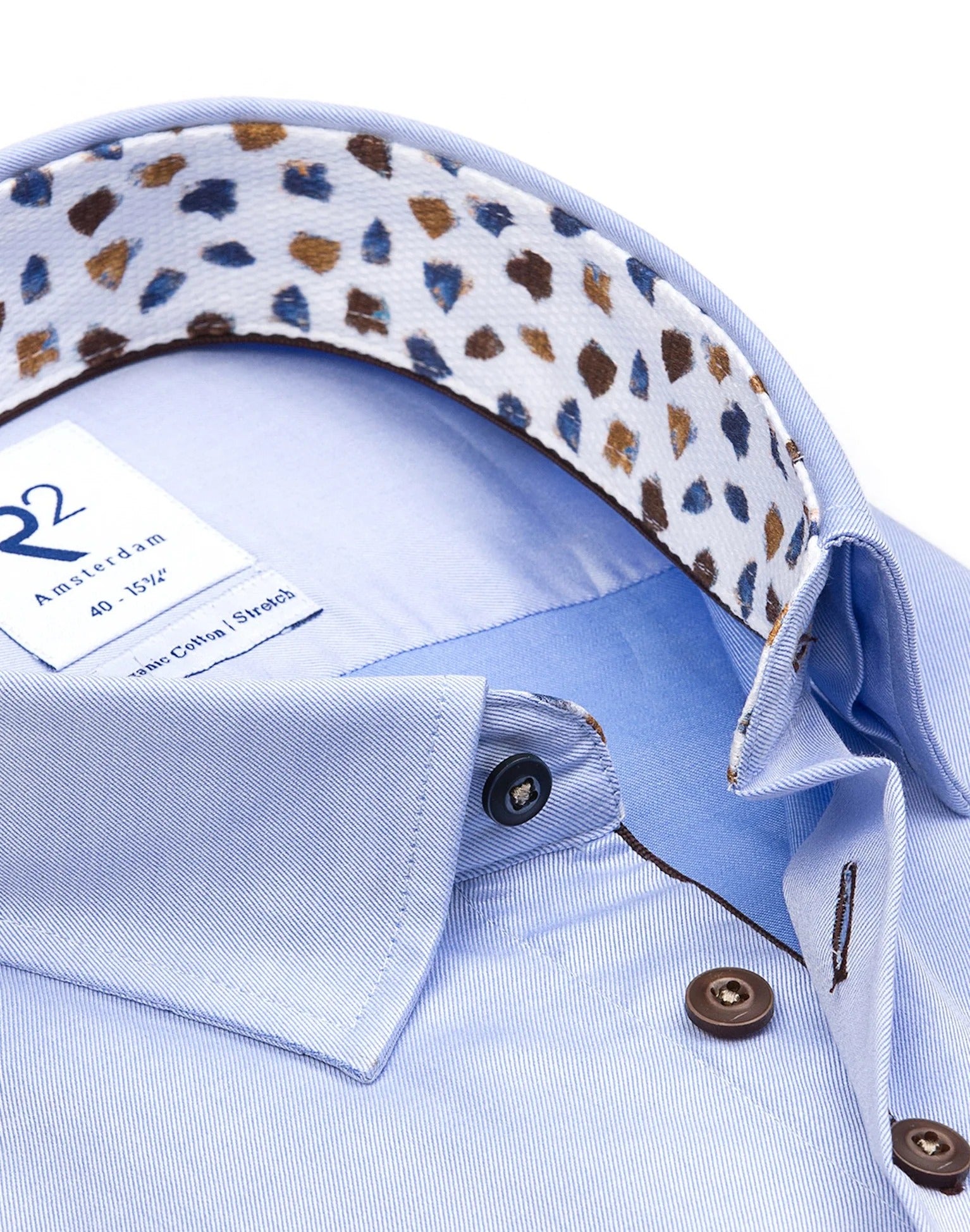 Brand Partner,R2 Amsterdam, R2 Amsterdam Light Blue 2 PLY Long Sleeve Button Up Shirt with Blue and Beige Print Contrast, Blue, Extra Large-48-Tag43