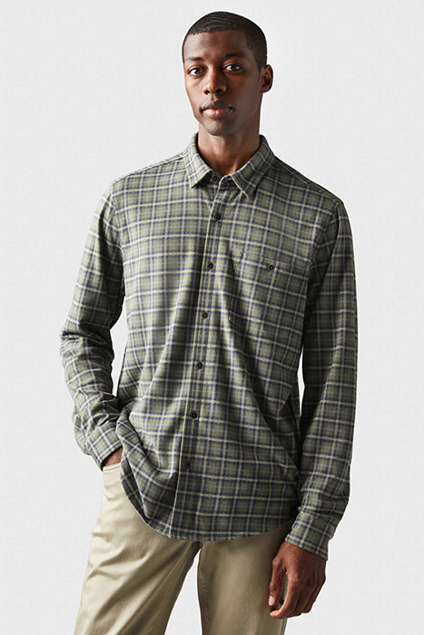 Otrium,Faherty, Rhone Olive/Navy Plaid Knit Flannel Button Up Shirt, Green, Large-46-TagL