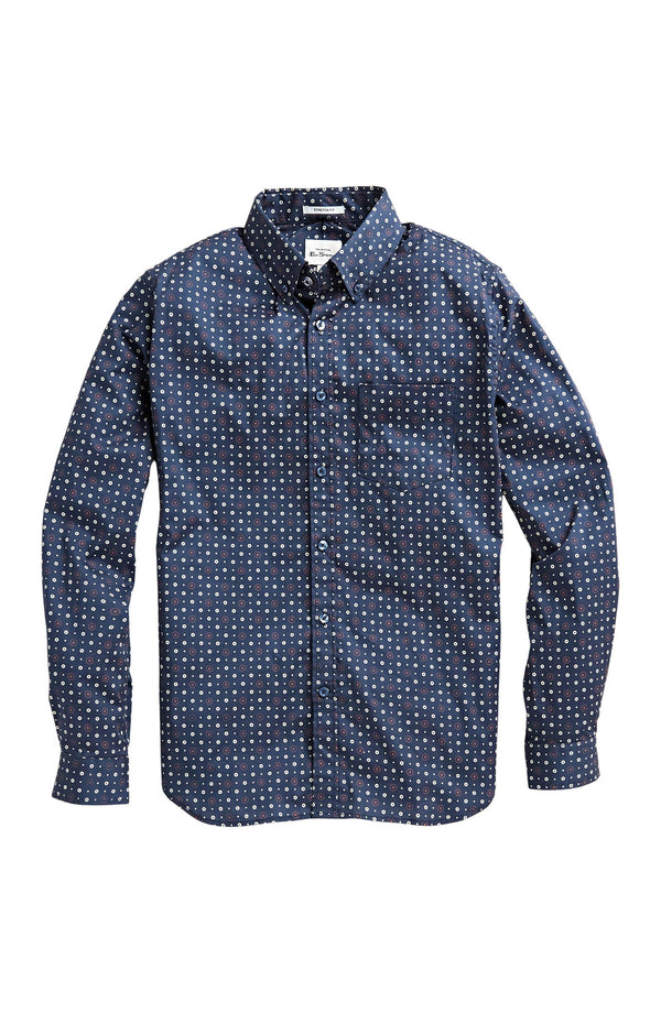 BEN SHERMAN Navy Retro Dot Stretch Button-up Shirt