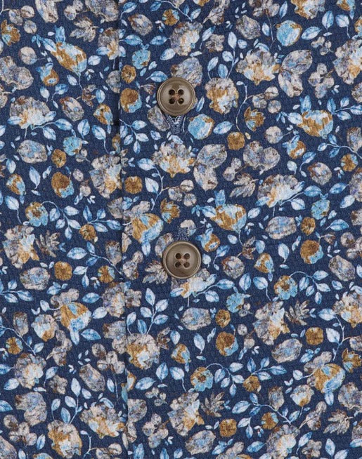 R2 Amsterdam Blue Floral Print Long Sleeve Button Up  Cotton Shirt