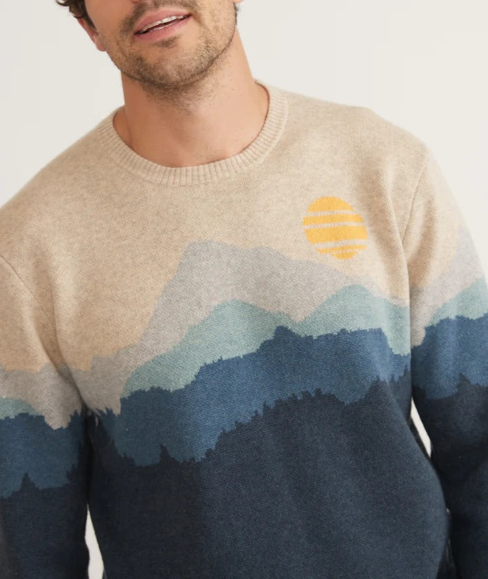 Wholesale,Marine Layer, Marine Layer Oatmeal/Blue Alps Long Sleeve Archive Palpana Crewneck, Tan, Extra Large-48-TagXL
