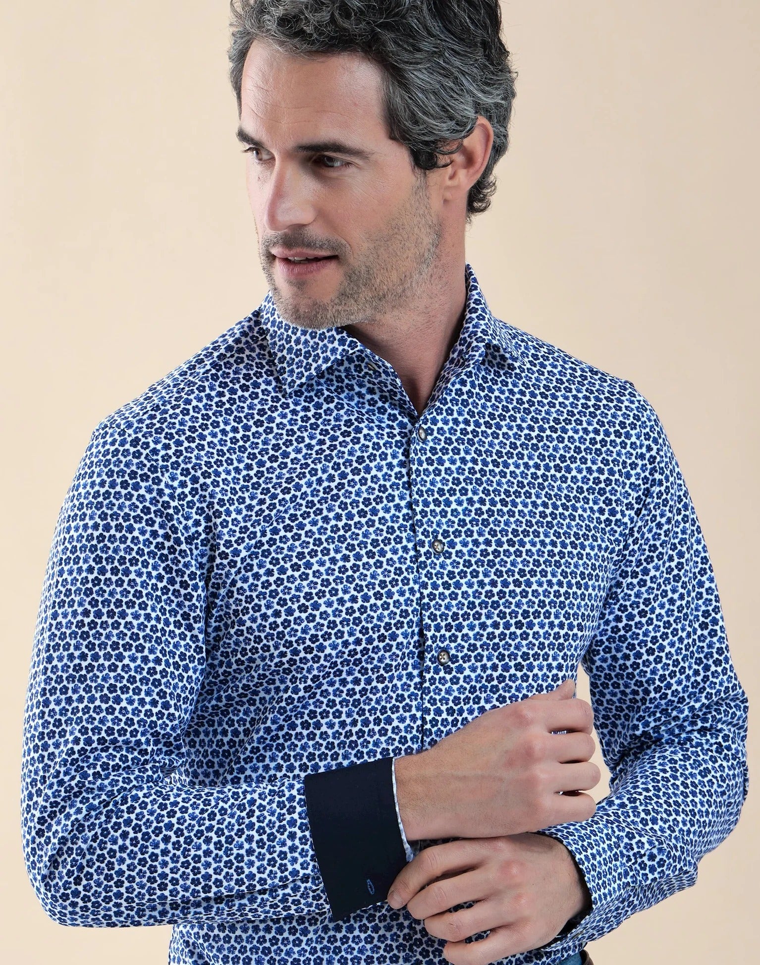 Brand Partner,R2 Amsterdam, R2 Amsterdam Blue Floral Print Knitted Pique Shirt, Blue, Large-44-Tag41