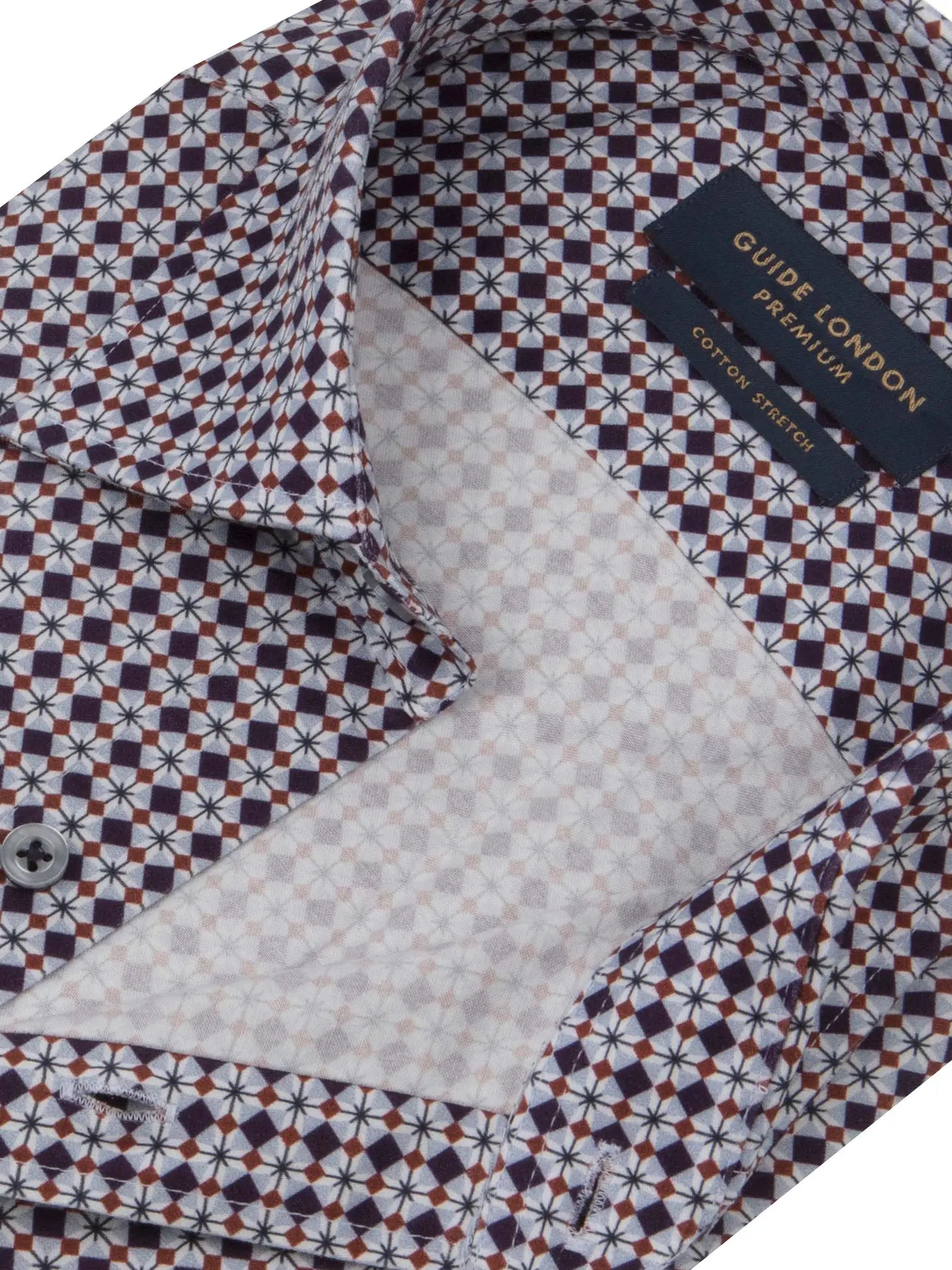 Faire,Guide London, Guide London Light Grey With Red And Navy Geometric Diamond Print Long Sleeve Button Up Shirt, Grey, Extra Extra Large-53-TagXXXLExtra Large-50-TagXXLLarge-47-TagXLMedium-44-TagL