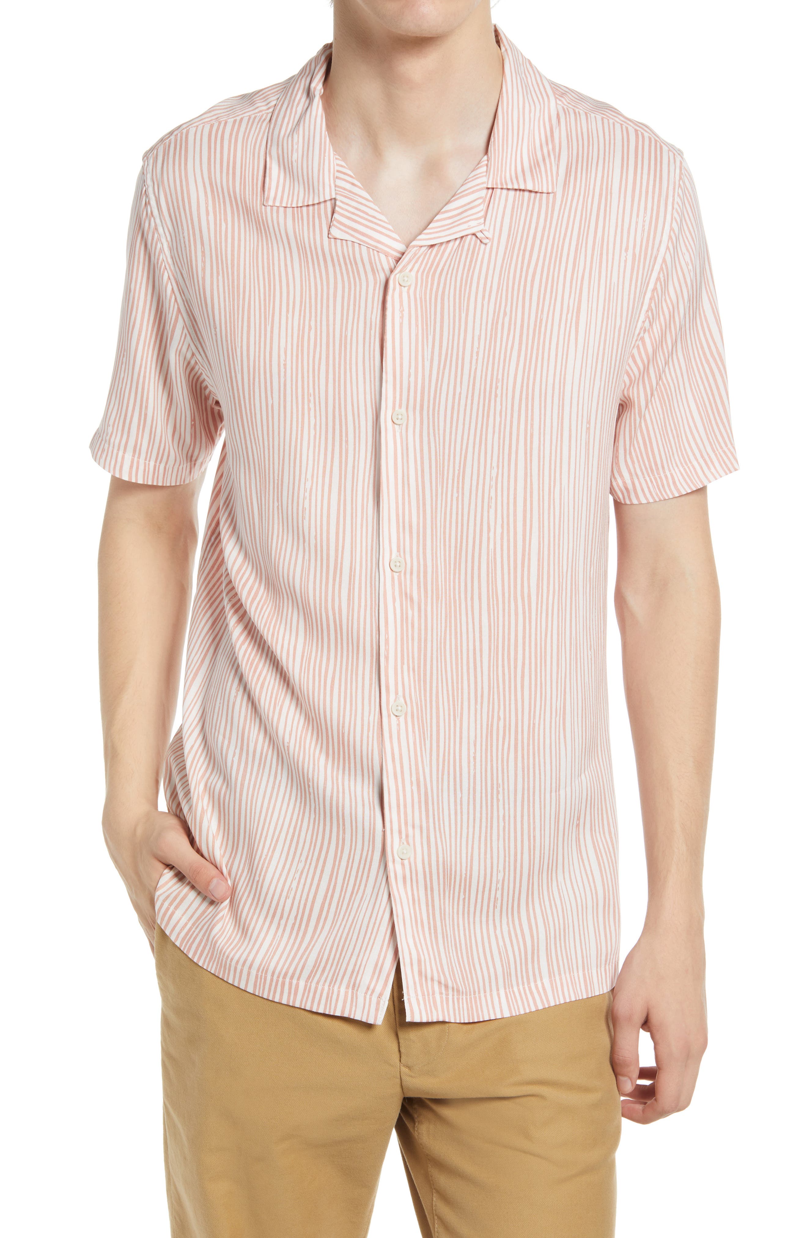 Nordstorm Rack,Topman, Topman Pink Painted Stripe Short Sleeve Shirt, Pink, Medium-43-TagL