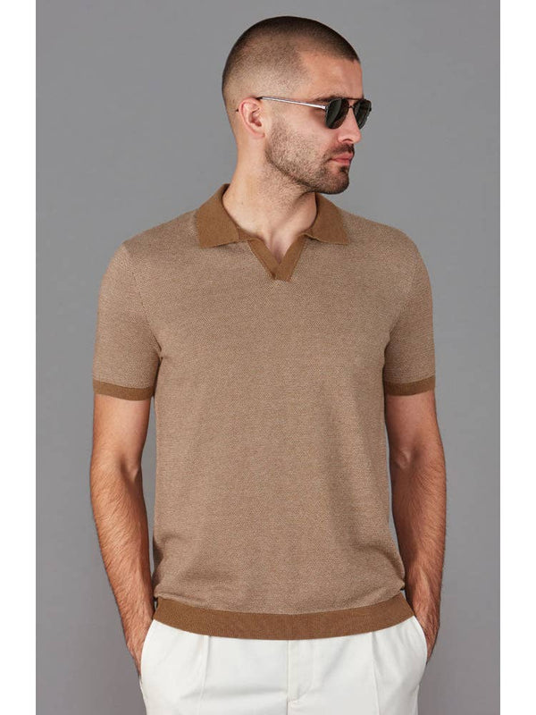 Paul James Camel Jacquard Knit Buttonless Short Sleeve Polo