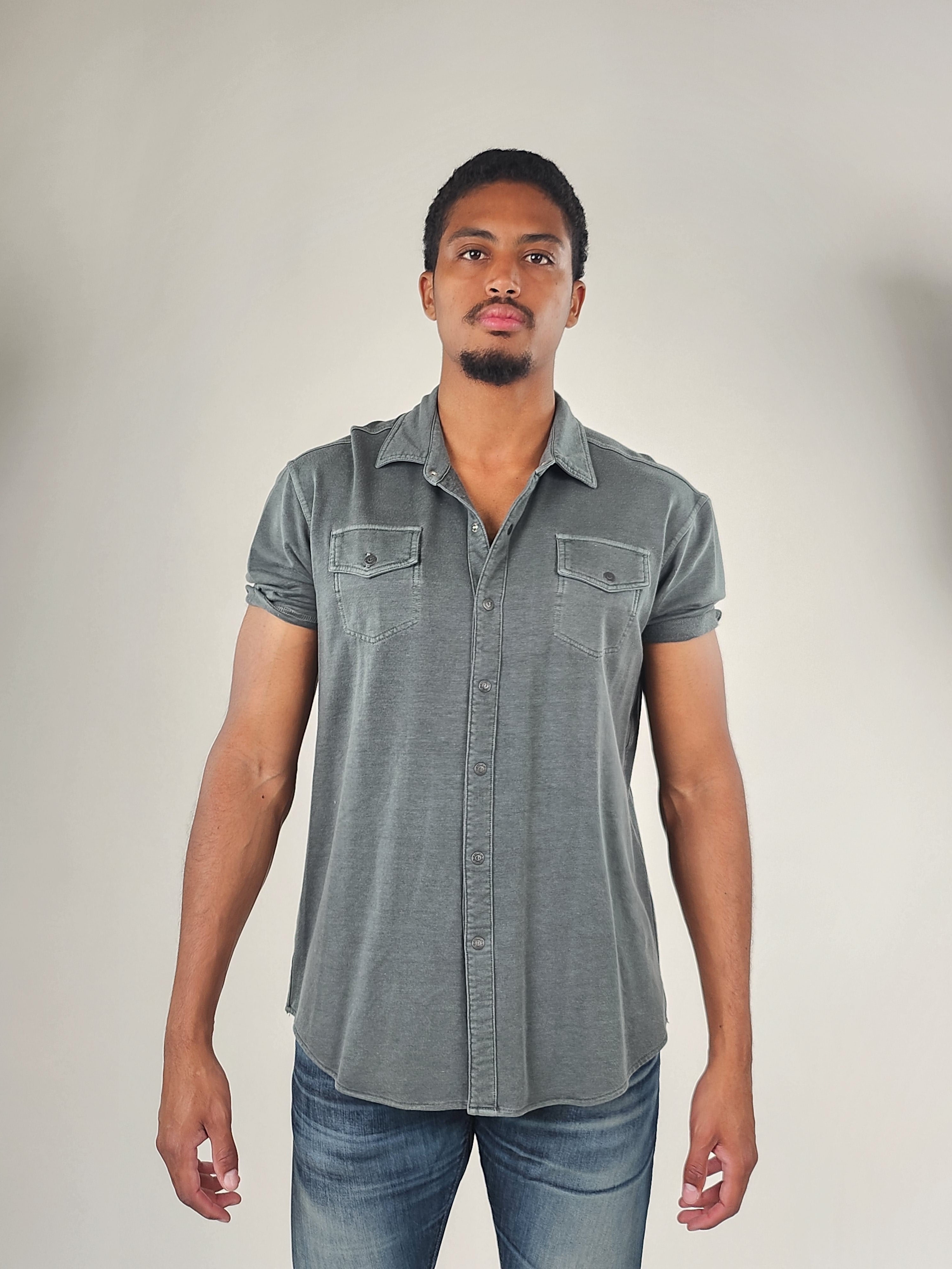 Wholesale,Reesedeluca, Reese De Luca Olive Short Sleeve Knit Snap Button Up Shirt, Green, Medium-43-TagM