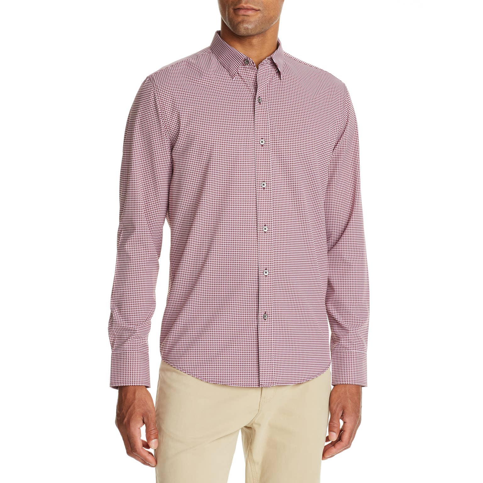 Faire,W.R.K., W.R.K Red Houndstooth Print 4-Way Stretch Long Sleeve Button Up Shirt, Red, Large-45-TagLMedium-43-TagM