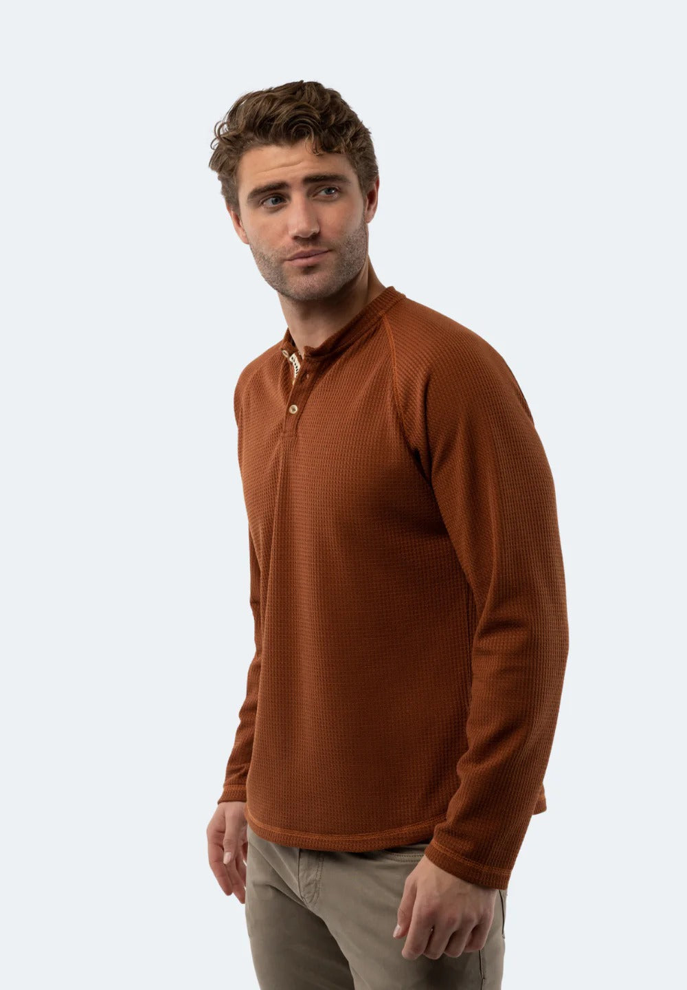 Wholesale,American Heritage, American Heritage Rust Copper Waffle Knit 3-Button Henley, Orange, Medium-44-TagM