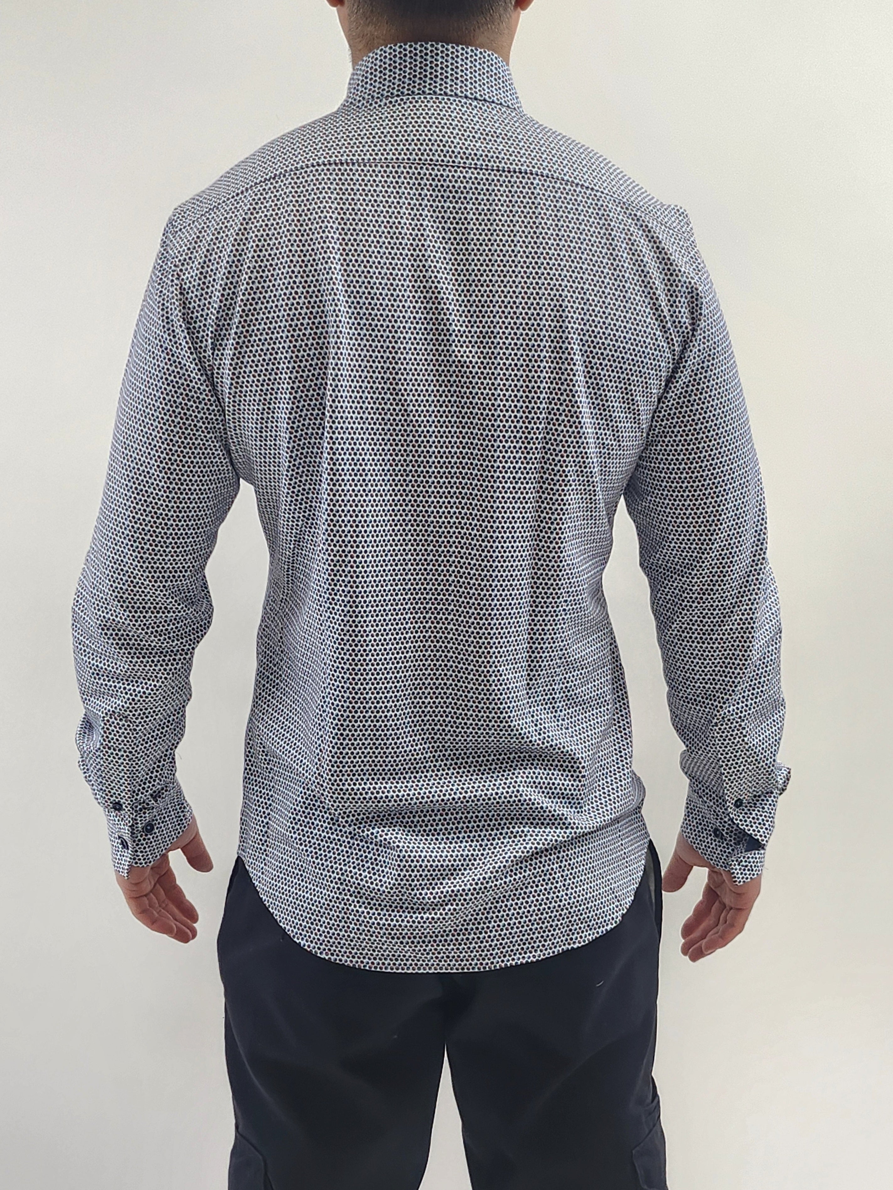 Brand Partner,R2 Amsterdam, R2 Amsterdam Blue Geo Multi Print Piquet Long Sleeve Button Up Shirt, Blue, Small-41-Tag39