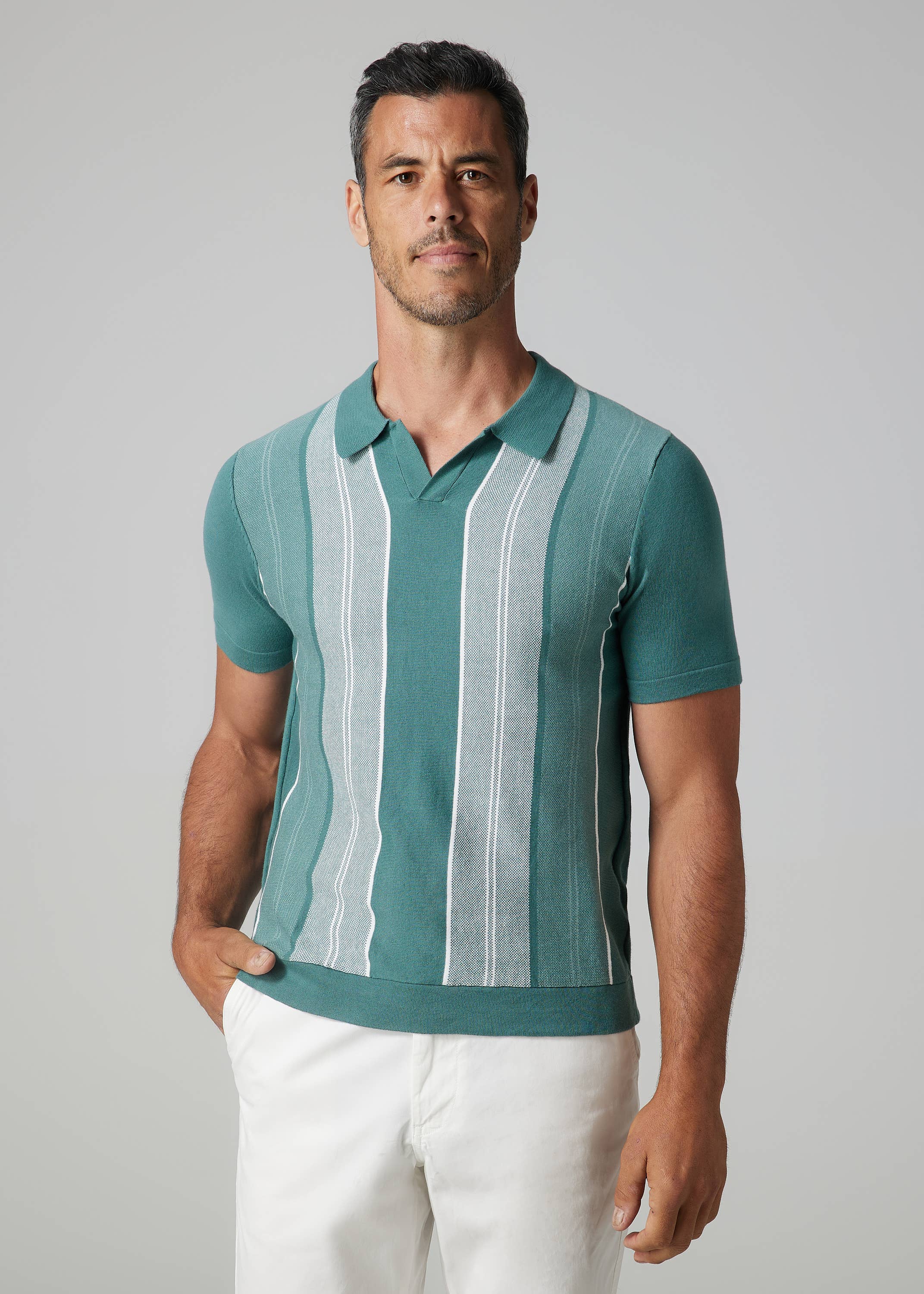 Faire,Julian & Mark, Julian & Mark Teal Green Striped Buttonless Polo, Green, Large-43-TagL
