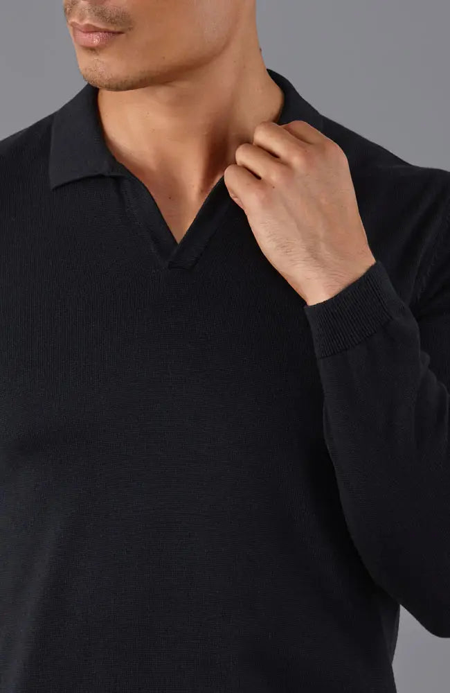 Faire,Paul James, Paul James Black Buttonless Knit Longsleeve Polo, Black, Extra Extra Large-50-TagXXLLarge-43-TagLLarge-47-TagXLSmall-40-TagSLarge-44-TagLMedium-41-TagMLarge-44-Extra Large-46-TagXLExtra Large-48-TagXL