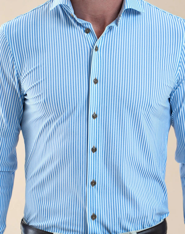 R2 Amsterdam Blue Striped Knitted 4-way stretch Shirt