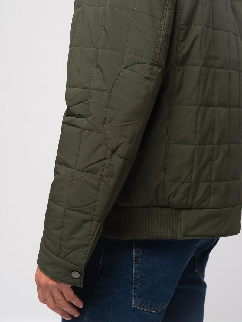 SMF Dark Green Quilted Grid Puffer Zip Up Jacket With Four Front Pockets