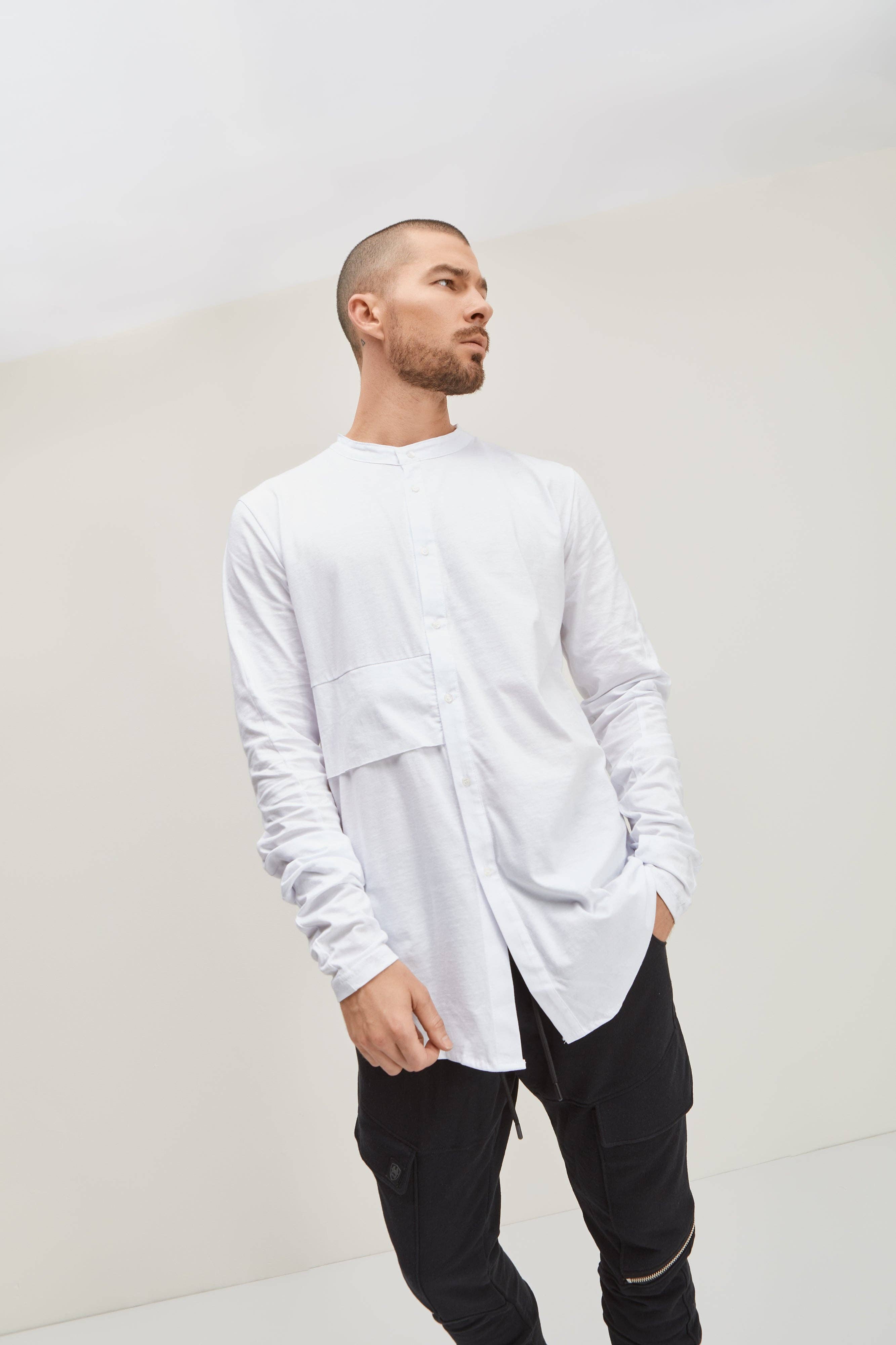 Faire,Ron Tomson, Ron Tomson White Paneled Collarless Long Sleeve Knit Button Up Shirt, White, Small-40-TagS