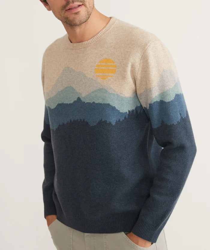 Wholesale,Marine Layer, Marine Layer Oatmeal/Blue Alps Long Sleeve Archive Palpana Crewneck, Tan, Extra Large-48-TagXL