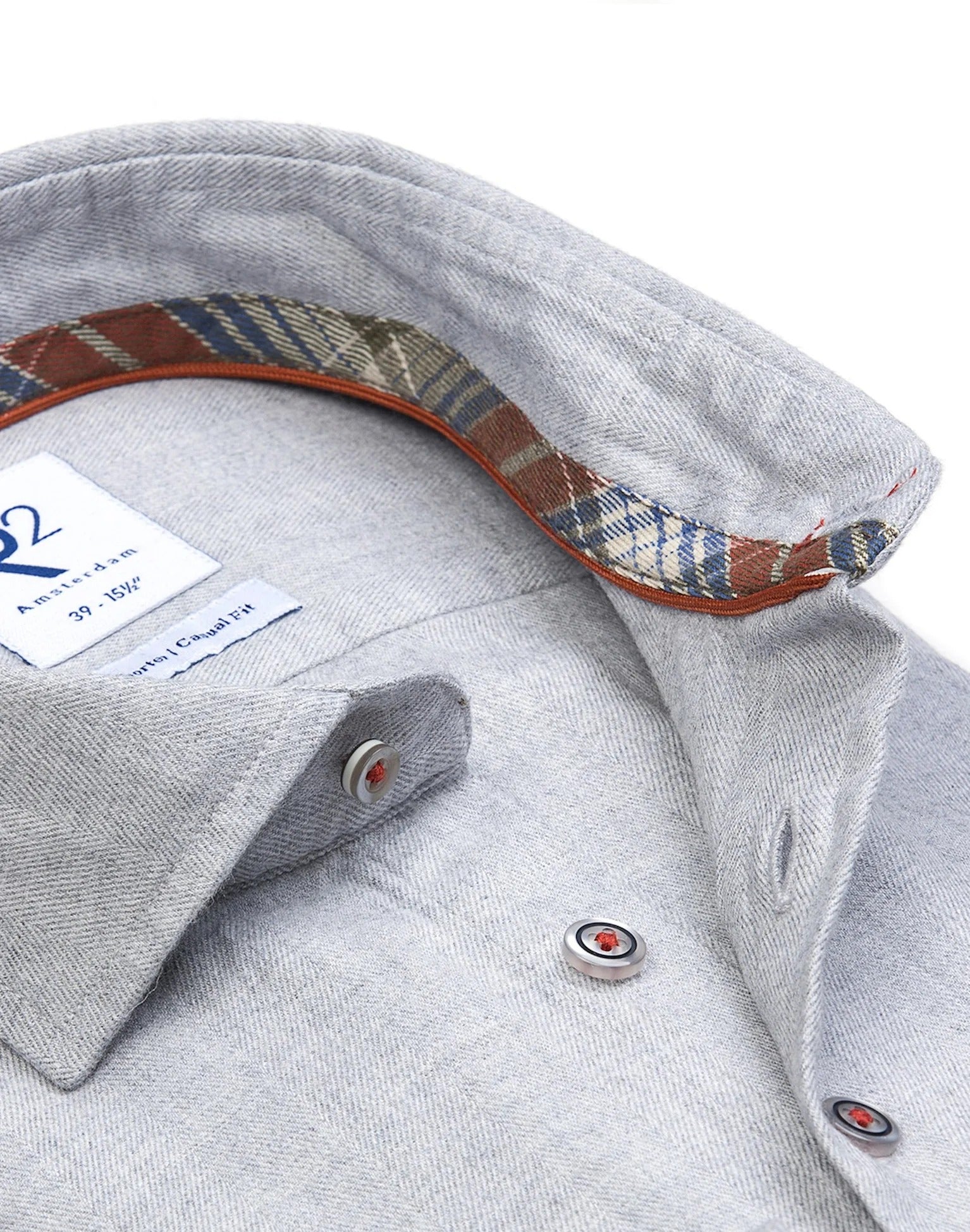 Brand Partner,R2 Amsterdam, R2 Amsterdam Grey Flannel Long Sleeve Button Up Shirt with Multicolor Tartan Print Contrast, Grey, Extra Large-51-Tag45