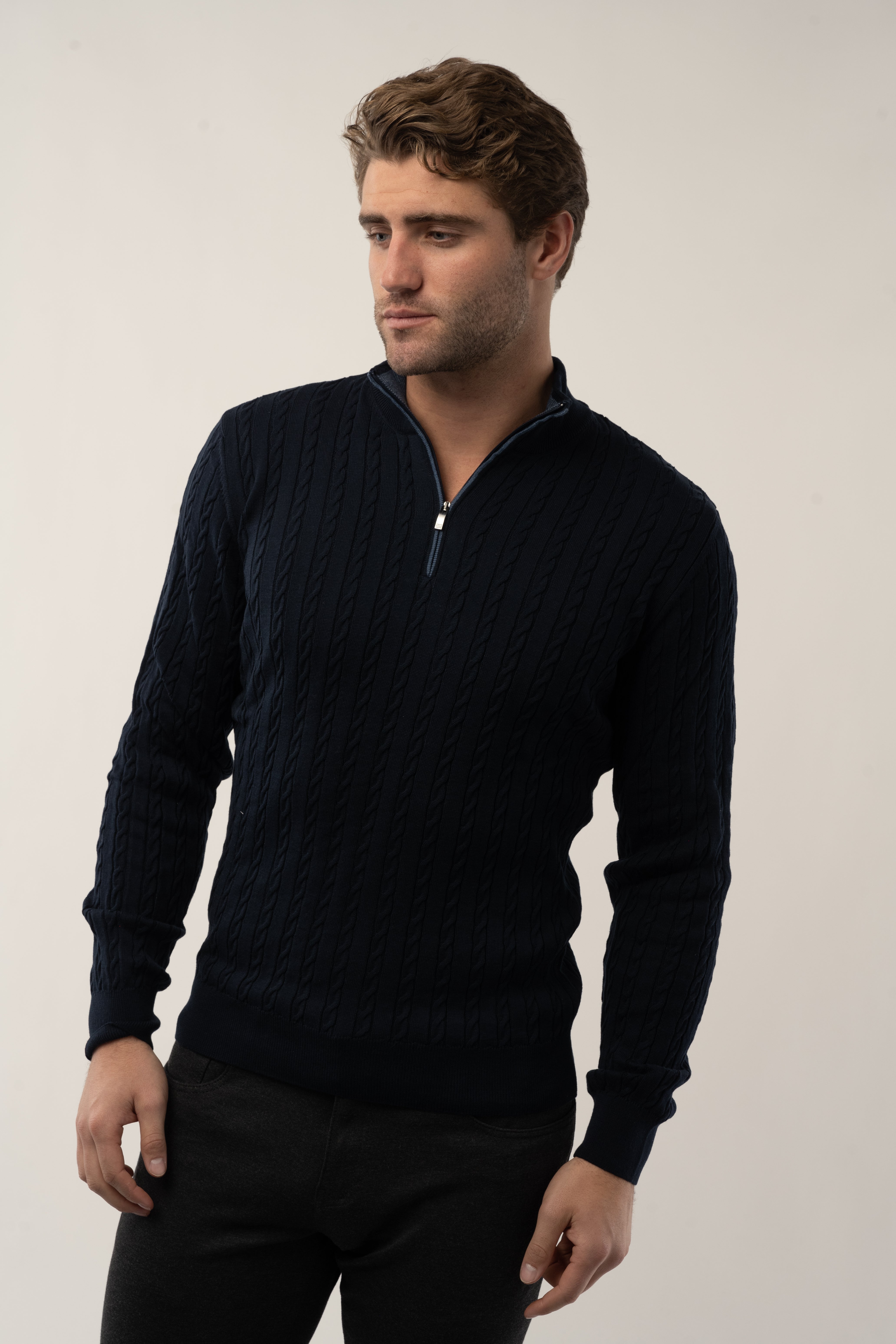 Wholesale,Luchiano Visconti, Luchiano Visconti Navy Quartz Zip Cable Long Sleeve Pullover, Blue, Small-39-TagS