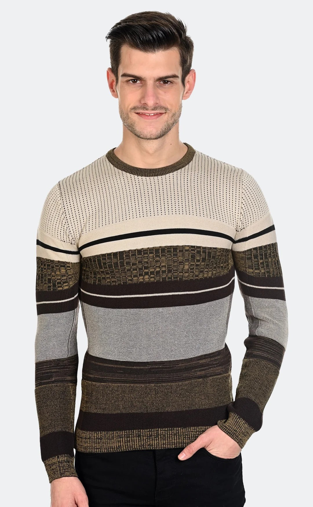 Brand Partner,R2 Amsterdam, LCR Dark Beige Knit Multi Stripe Long Sleeve Sweater, Brown, Large-36-TagXXLMedium-36-TagXLMedium-33-TagXLMedium-40-TagXLSmall-34-TagLSmall-32-TagLSmall-36-TagLExtra Small-32-TagMExtra Small-34-TagM
