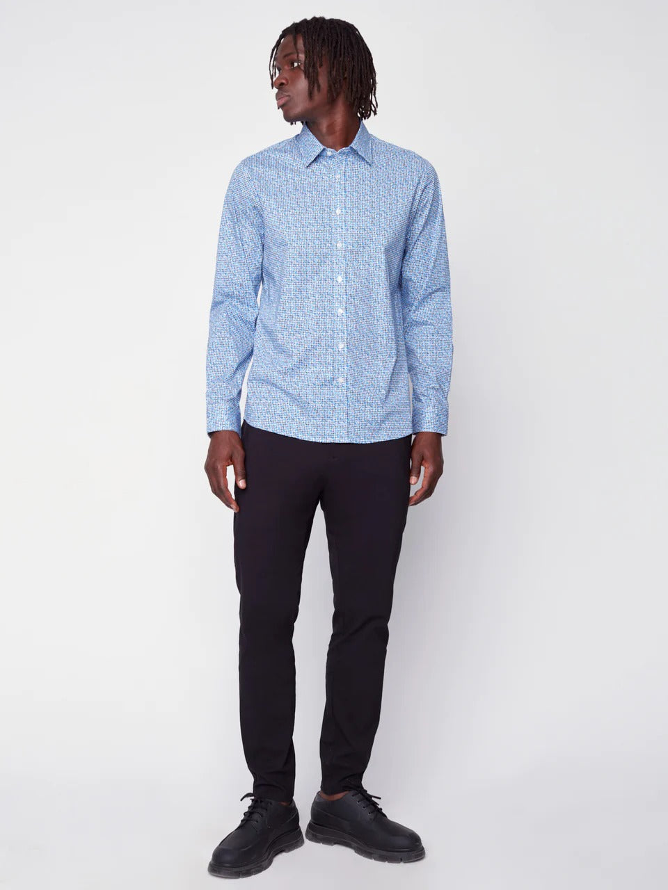 Wholesale,Projek Raw, Projek Raw Blue Houndstooth Print Long Sleeve Stretch Button Up Shirt, Blue, Large-45-TagL