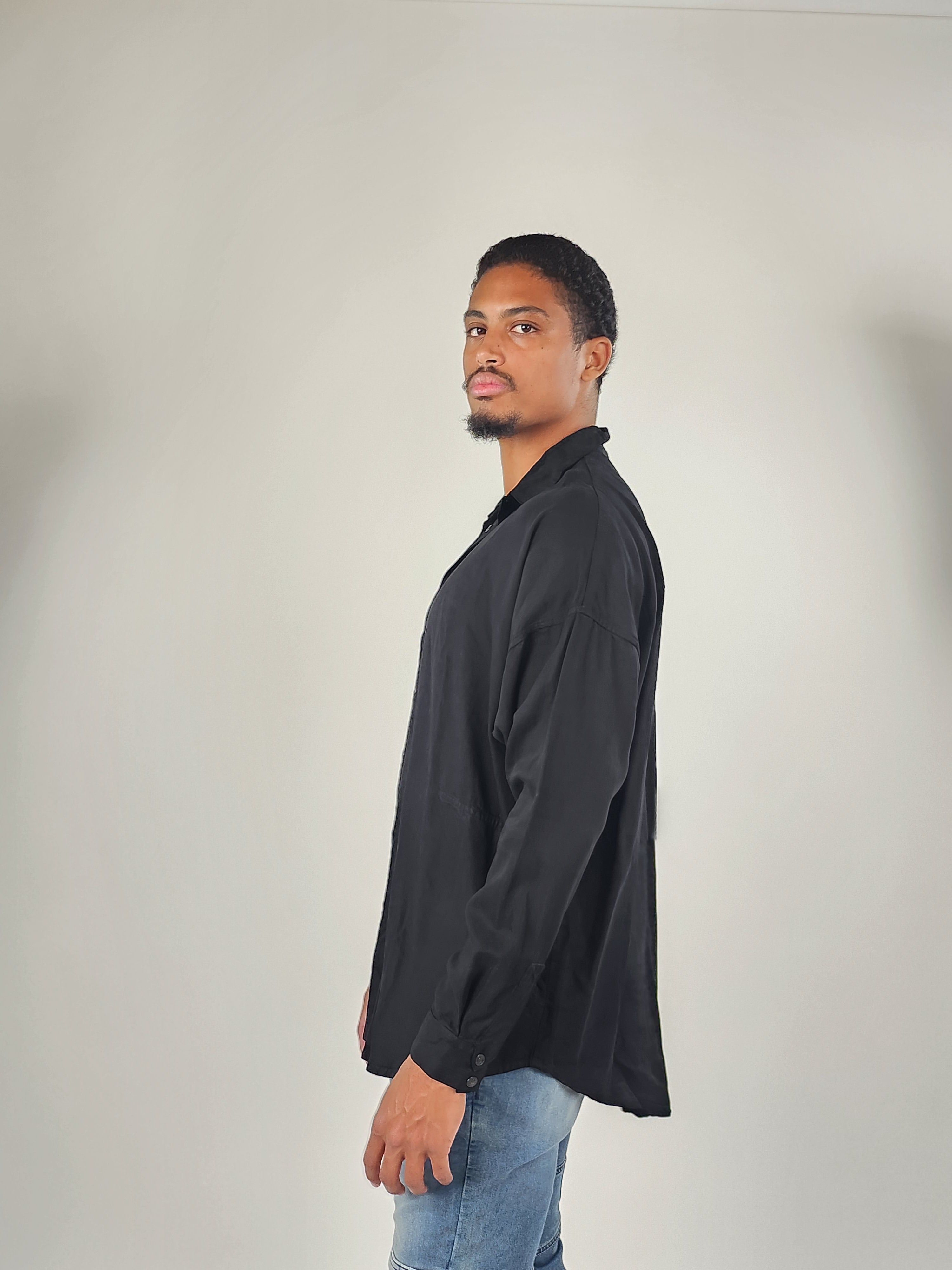 Wholesale,Reesedeluca, Reese De Luca Black Long Sleeve Snap Button Up Shirt with Side Pockets, Black, Extra Extra Large-55-TagM