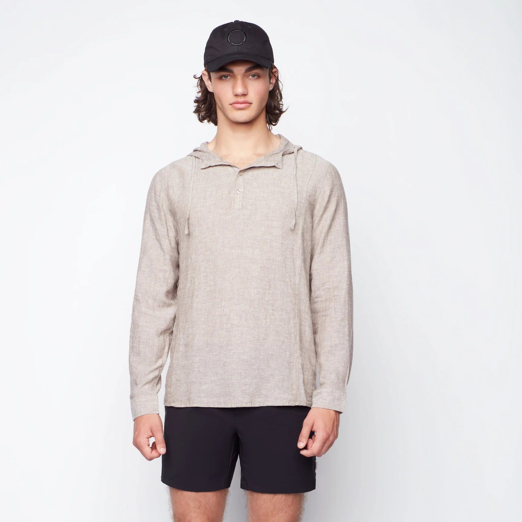 Wholesale,Public Beach, Public Beach Tan Linen Blend Long Sleeve Shirt with Hood, Tan, Medium-44-TagMLarge-46-TagLExtra Large-50-TagXLExtra Extra Large-52-TagXXL