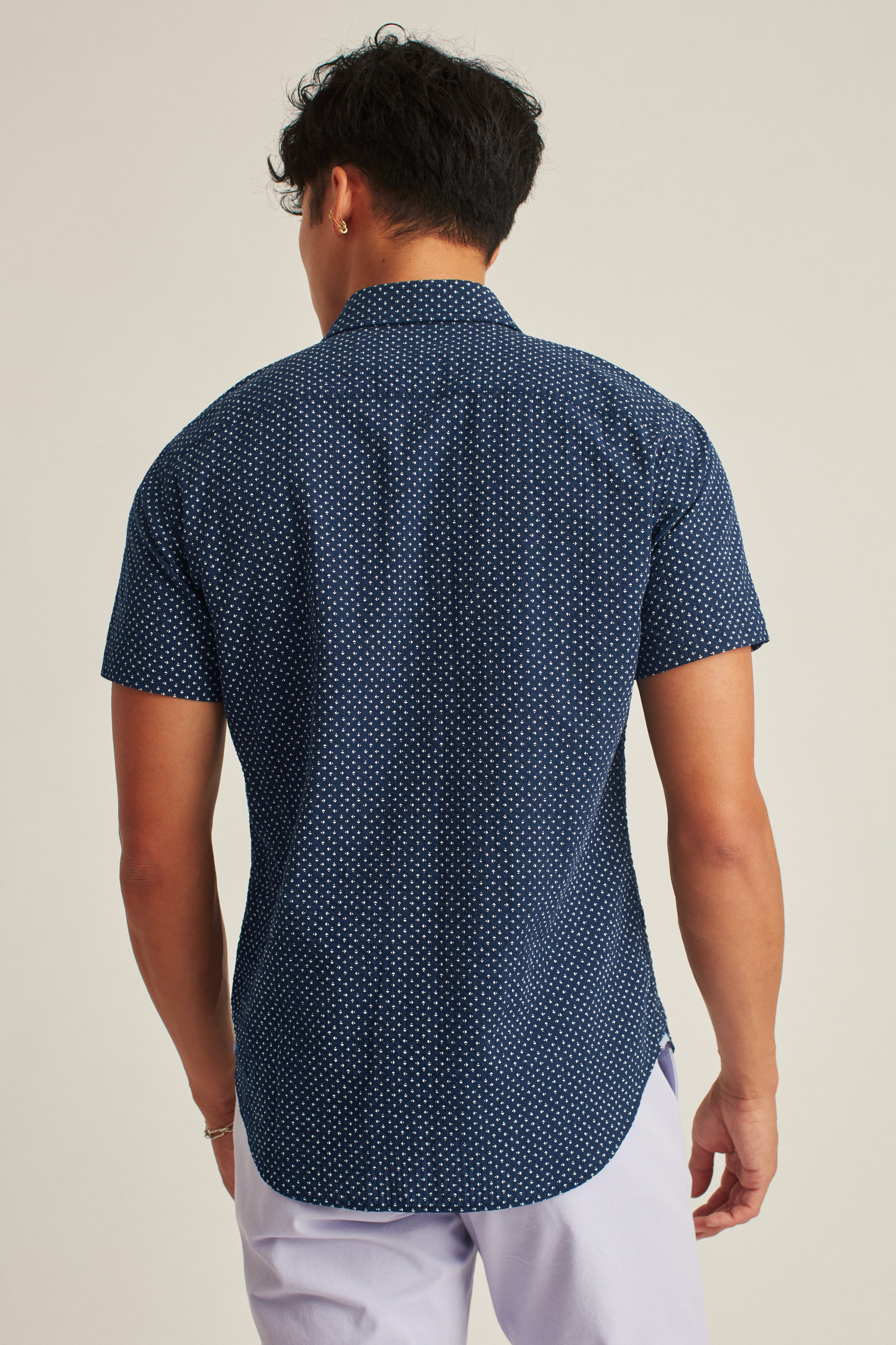 Wholesale,Jack & Jones, Bonobos Navy Geo Print Stretch Slim Short Sleeve Shirt, Blue, Extra Large-48-TagXLLarge-45-TagLMedium-42-TagMSmall-40-TagS