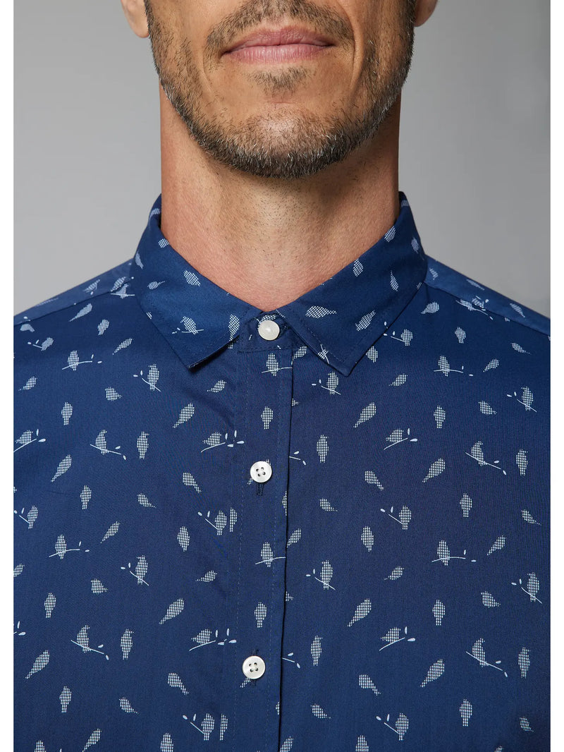 Julian Mark Navy Blue Bird Print Long Sleeve Button Up Shirt