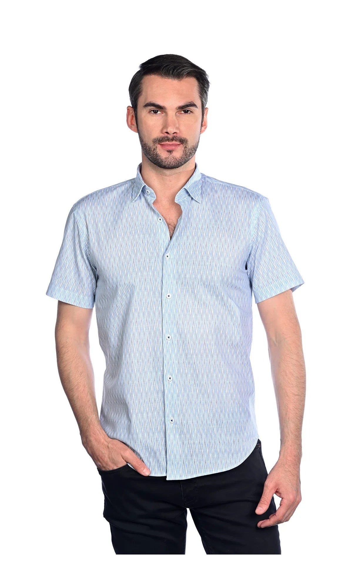 Wholesale,Mizumi, Mizumi Light Blue/Grey Zigzag Print Short Sleeve Button Up Shirt, Blue, Extra Large-48-TagXL