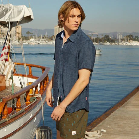 Wholesale,Public Beach, Public Beach Indigo Linen Blend Short Sleeve Shirt with Contrasting Inner Placket, Blue, Small-42-TagSMedium-44-TagMLarge-46-TagLExtra Large-50-TagXLExtra Extra Large-52-TagXXL