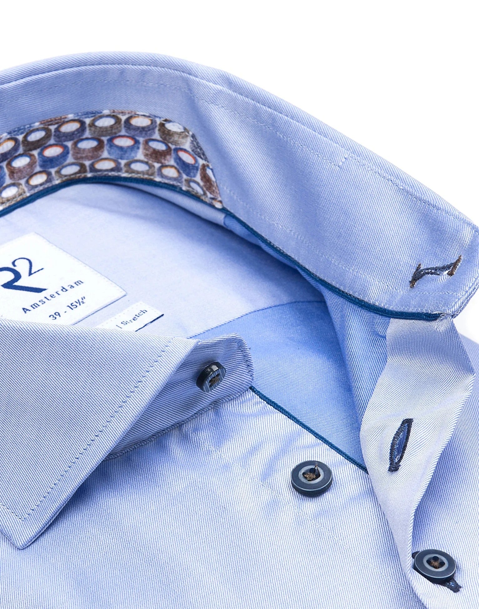 Brand Partner,R2 Amsterdam, R2 Amsterdam Light Blue 2 PLY Long Sleeve Button Up Shirt with Tire Print Contrast, Blue, Medium-43-Tag41