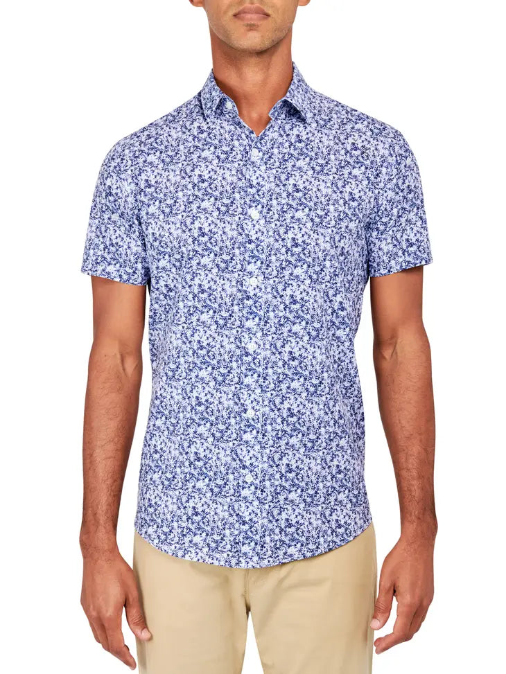 Faire,W.R.K., W.R.K Medium Blue Abstract Printed 4-Way Stretch Short Sleeve Shirt, Blue, Large-44-TagL