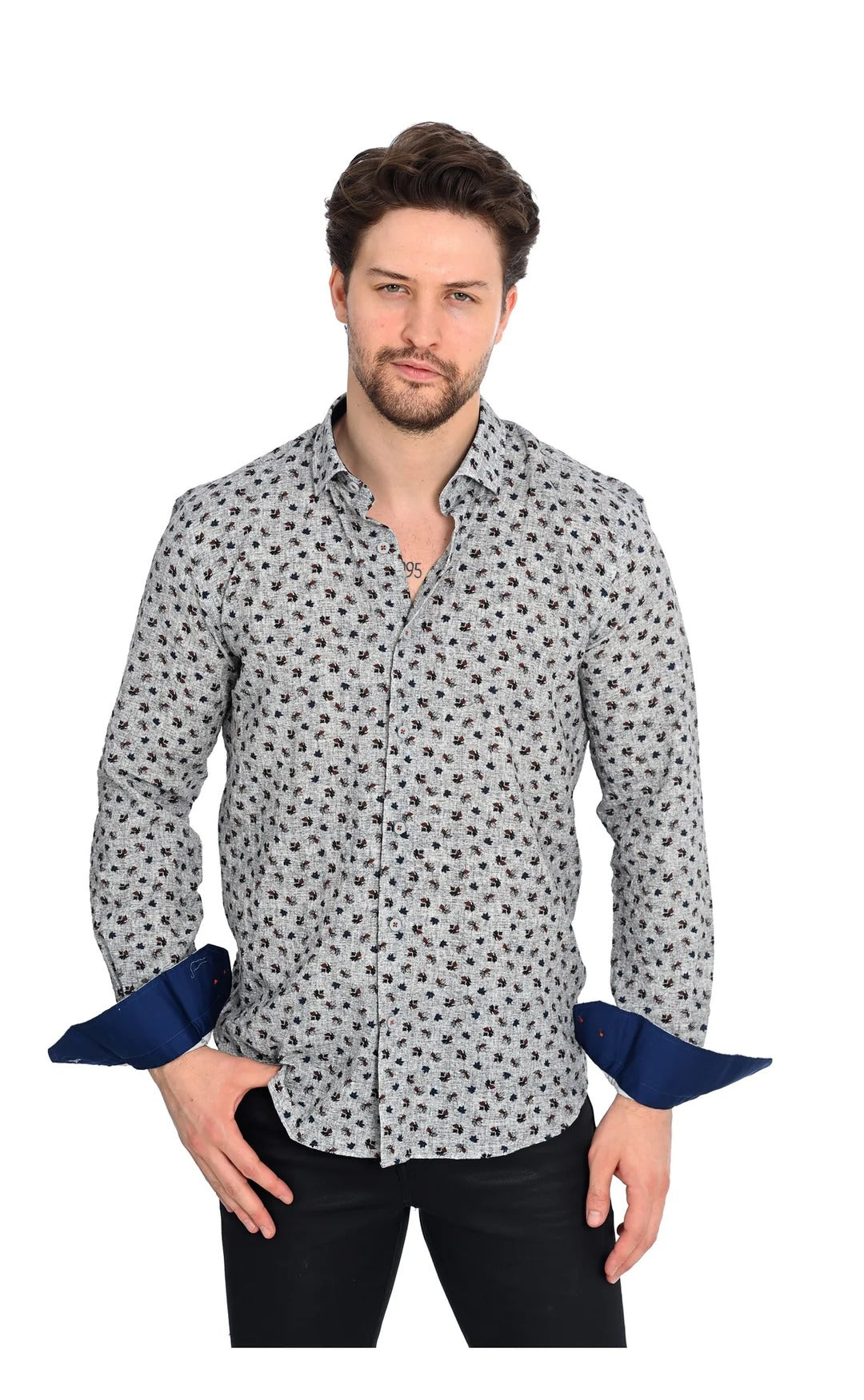 Wholesale,Mizumi, Mizumi Light Grey Leaf Print Long Sleeve Button Up Shirt, Grey, Extra Large-50-TagXXL